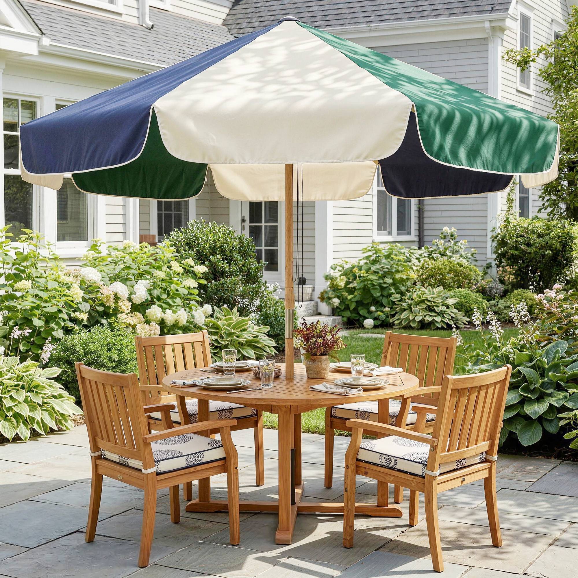 Parasol vert foncé Ø2,3 m effet bois avec poulie et protection UPF30+, parasol de terrasse extérieur - Image 3