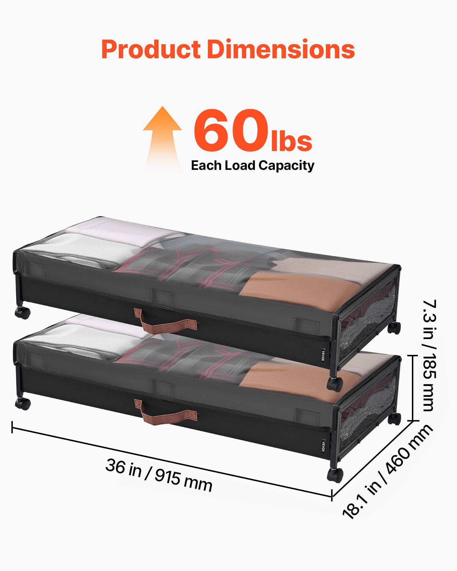 VEVOR Sacs rangement sous lit, roulettes, 91.5x46x18.5cm, 2pcs, couvercle transparent. - Image 3
