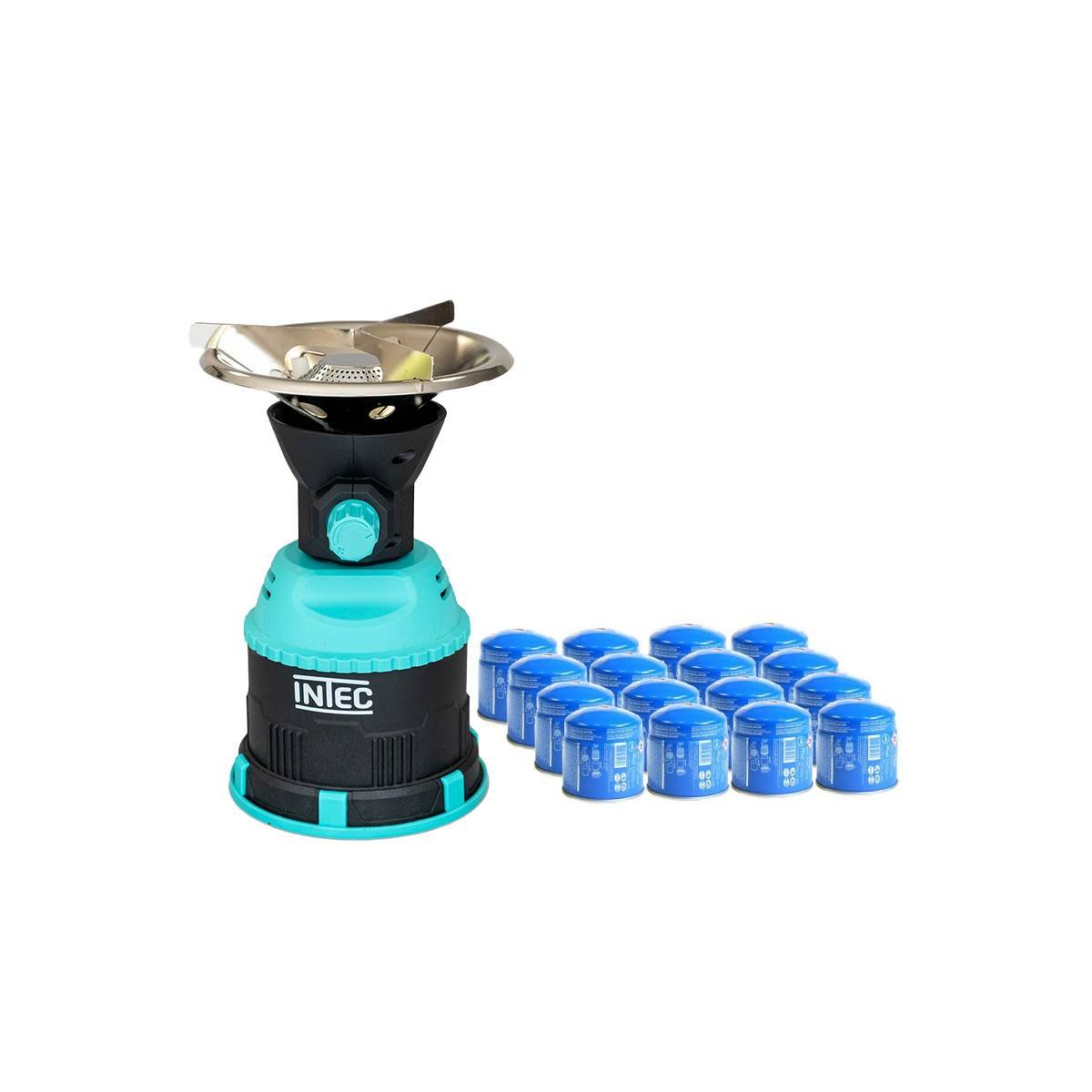 Rechaud gaz 1200W piezo Coque ABS + 16 Cartouches gaz 190 gr INTEC - Imagen 1
