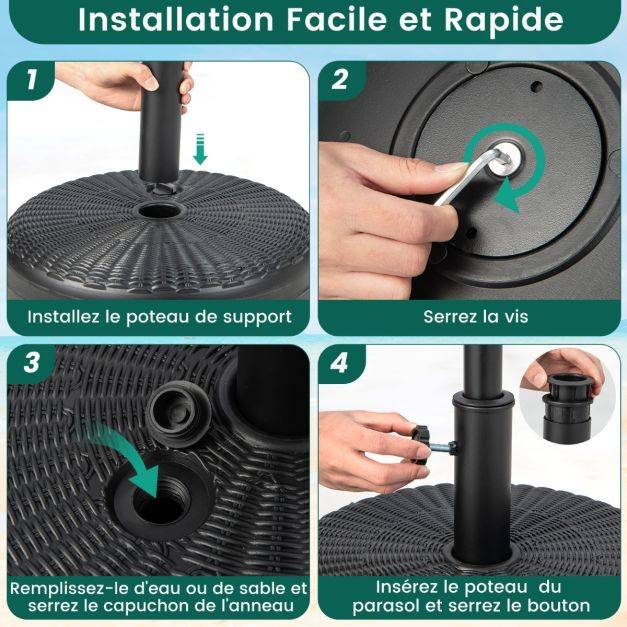 Pied de parasol pour parasol diamètre 38 mm - 48 mm socle parasol extérieur en hdpe rempli de 30 kg sable/ 15,5l eau 45 x 30 cm - Image 4