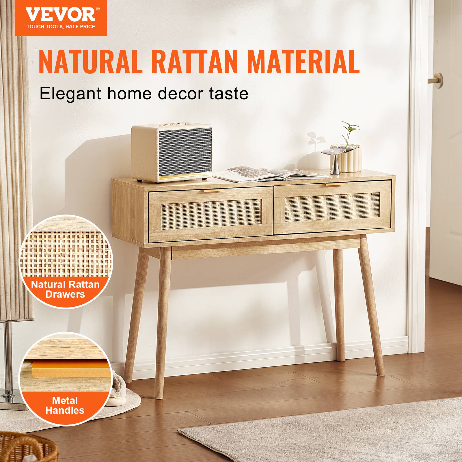VEVOR Table console rotin, 2 tiroirs, porte coulissante. 1000x300x745 mm, rangement salon, bureau, entrée. - Image 2