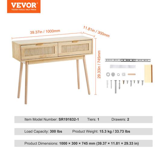 VEVOR Table console rotin, 2 tiroirs, porte coulissante. 1000x300x745 mm, rangement salon, bureau, entrée. - Image 7