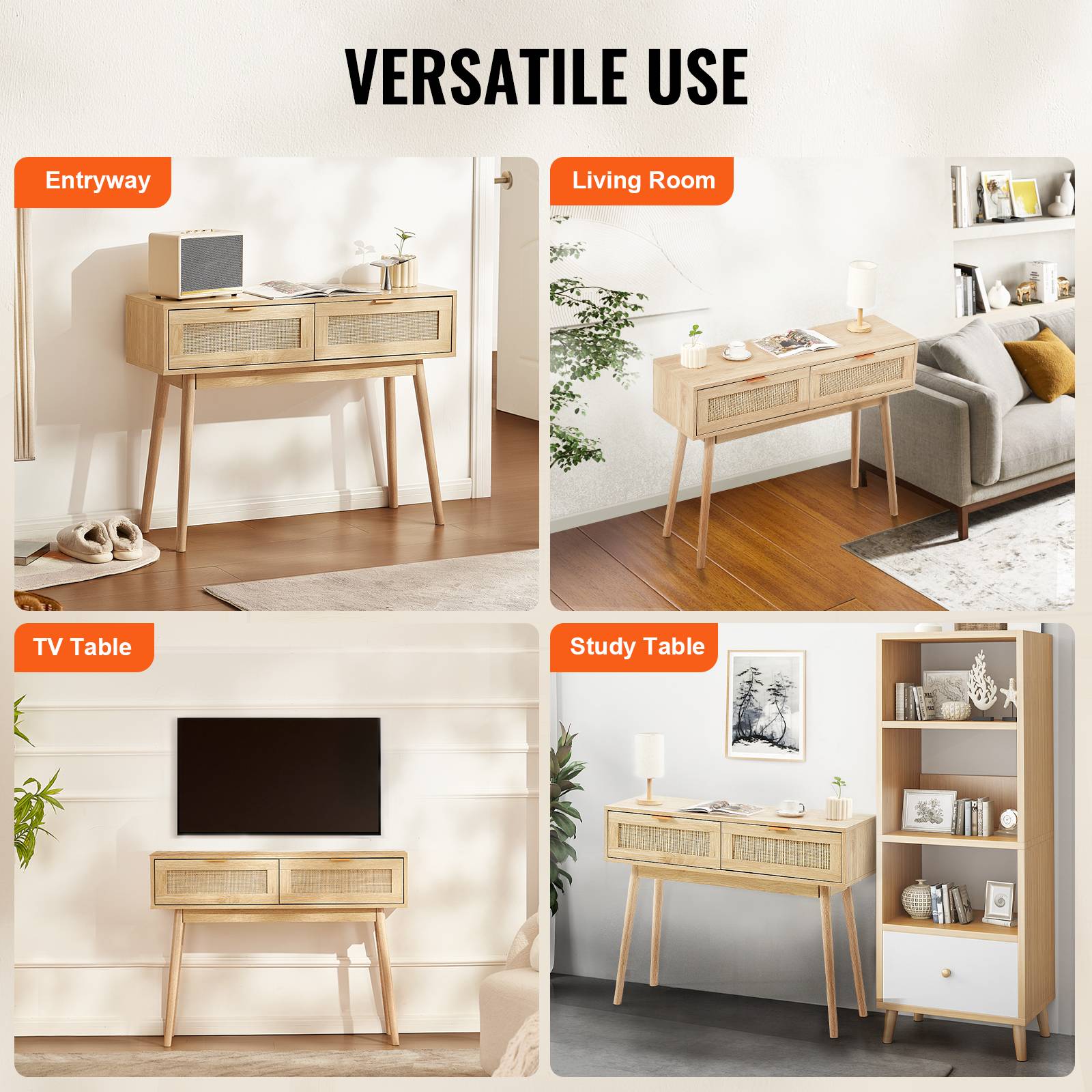 VEVOR Table console rotin, 2 tiroirs, porte coulissante. 1000x300x745 mm, rangement salon, bureau, entrée. - Image 6