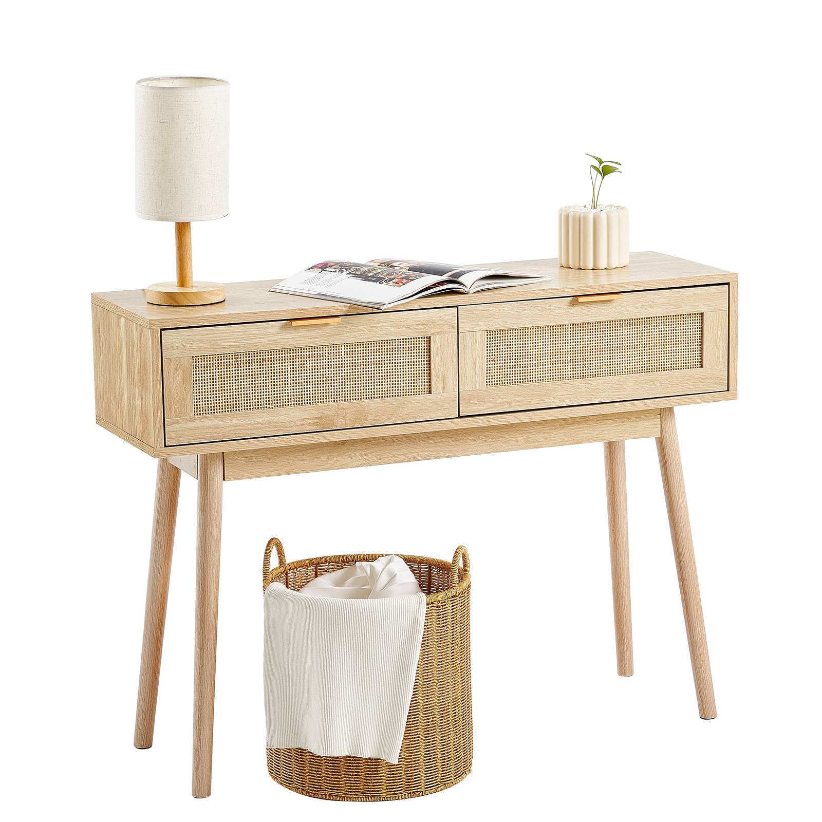 VEVOR Table console rotin, 2 tiroirs, porte coulissante. 1000x300x745 mm, rangement salon, bureau, entrée. - Image 1