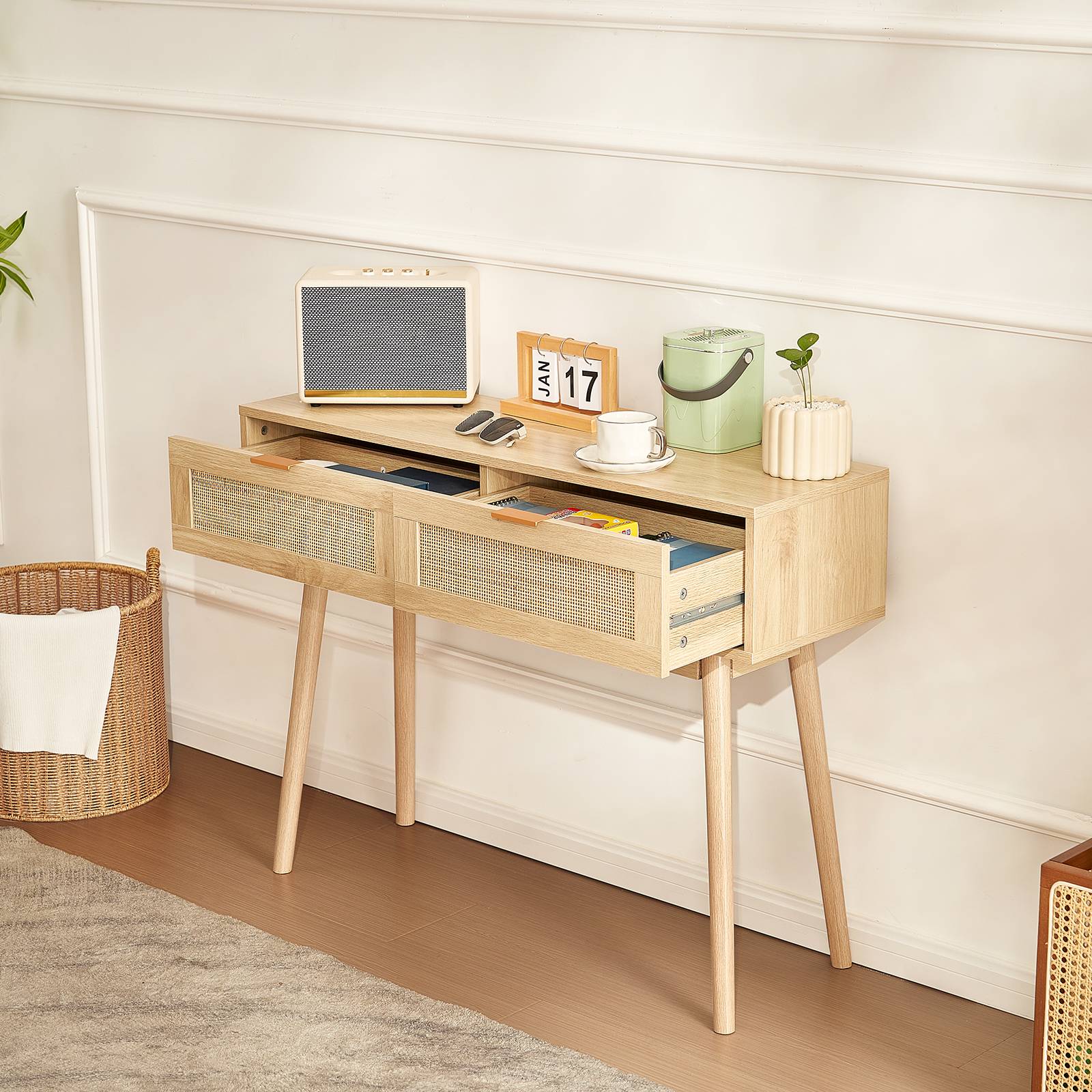 VEVOR Table console rotin, 2 tiroirs, porte coulissante. 1000x300x745 mm, rangement salon, bureau, entrée. - Image 8