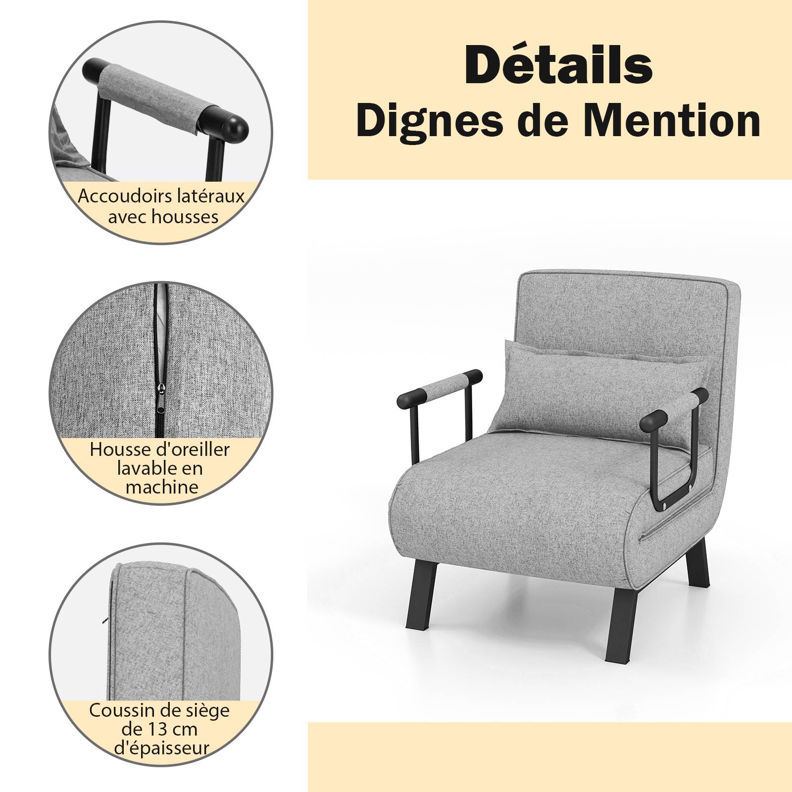 Fauteuil Lit Convertible 3 En 1, Fauteuil Salon, Avec Dossier Réglable En 5 Positions, Bleu - Fauteuil