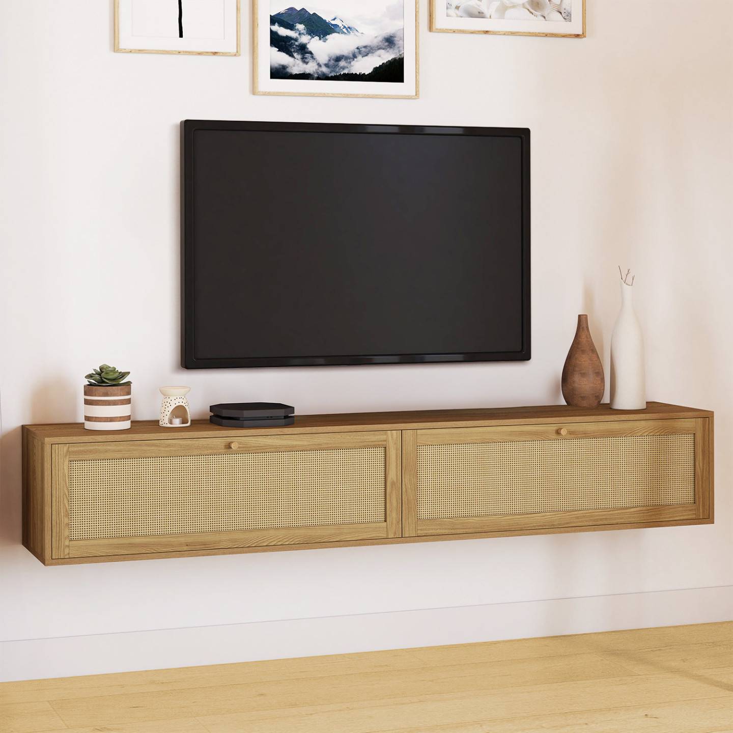 Meuble TV 180 cm suspendu HANAE 2 portes effet naturel cannage - Image 1