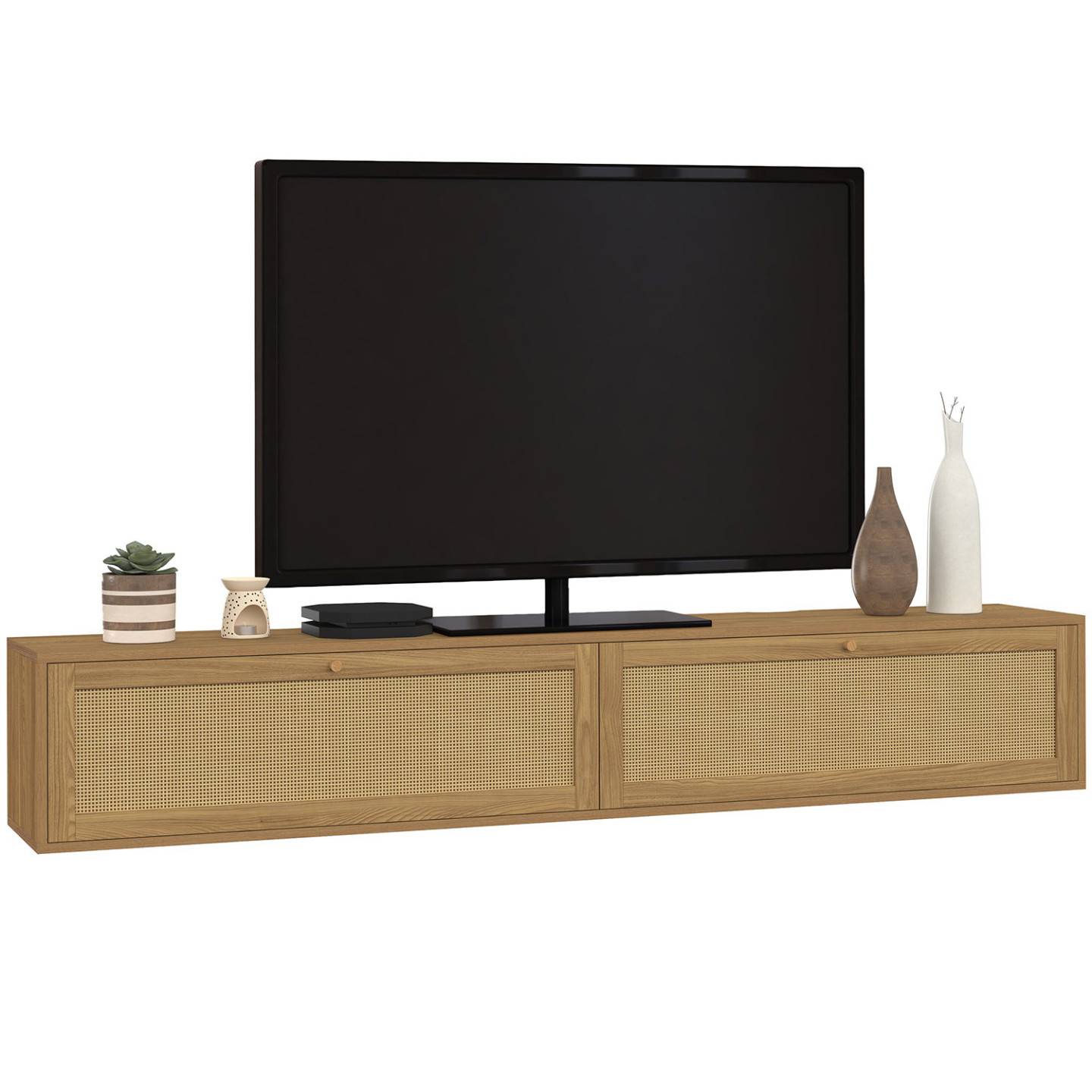 Meuble TV 180 cm suspendu HANAE 2 portes effet naturel cannage - Image 2