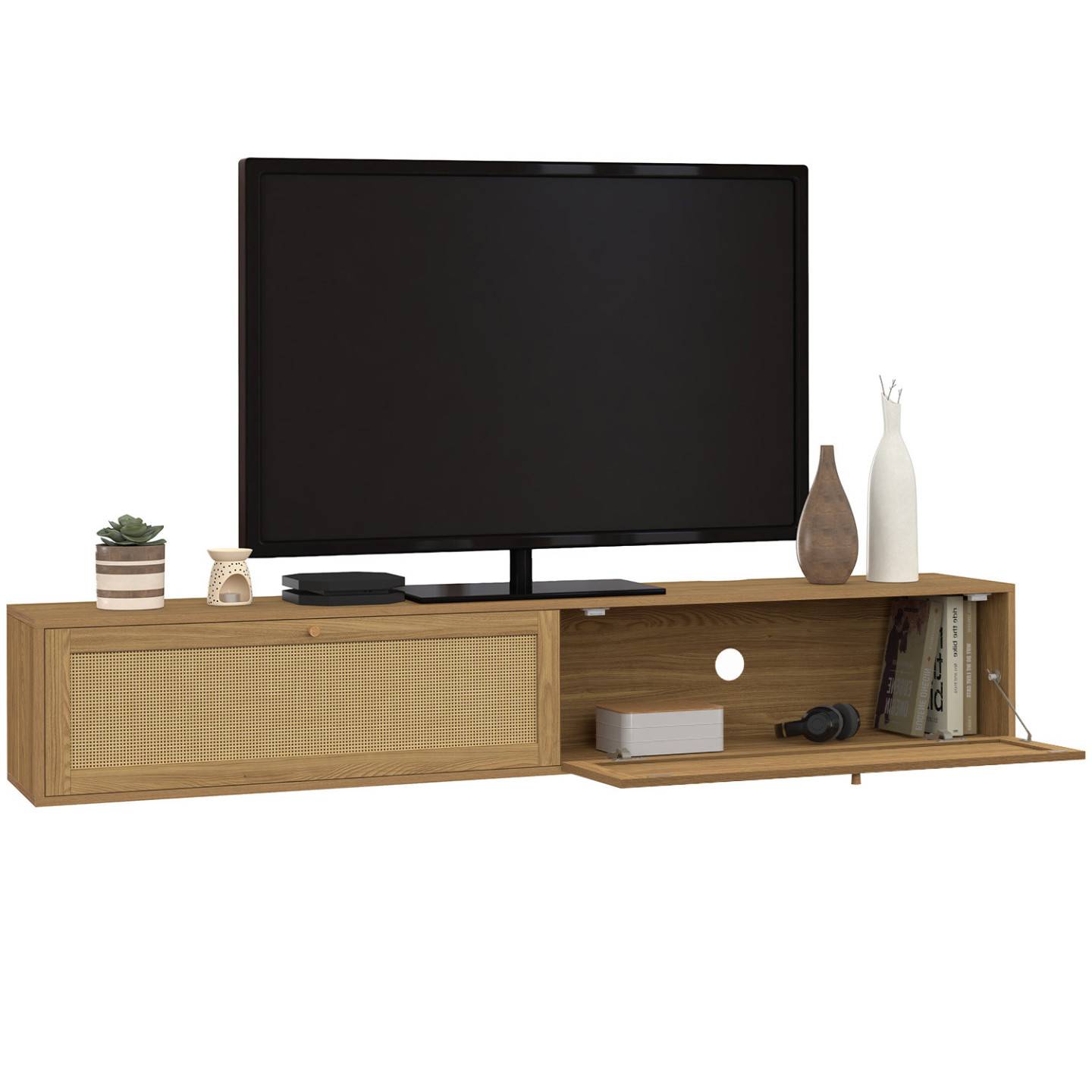 Meuble TV 180 cm suspendu HANAE 2 portes effet naturel cannage - Image 4