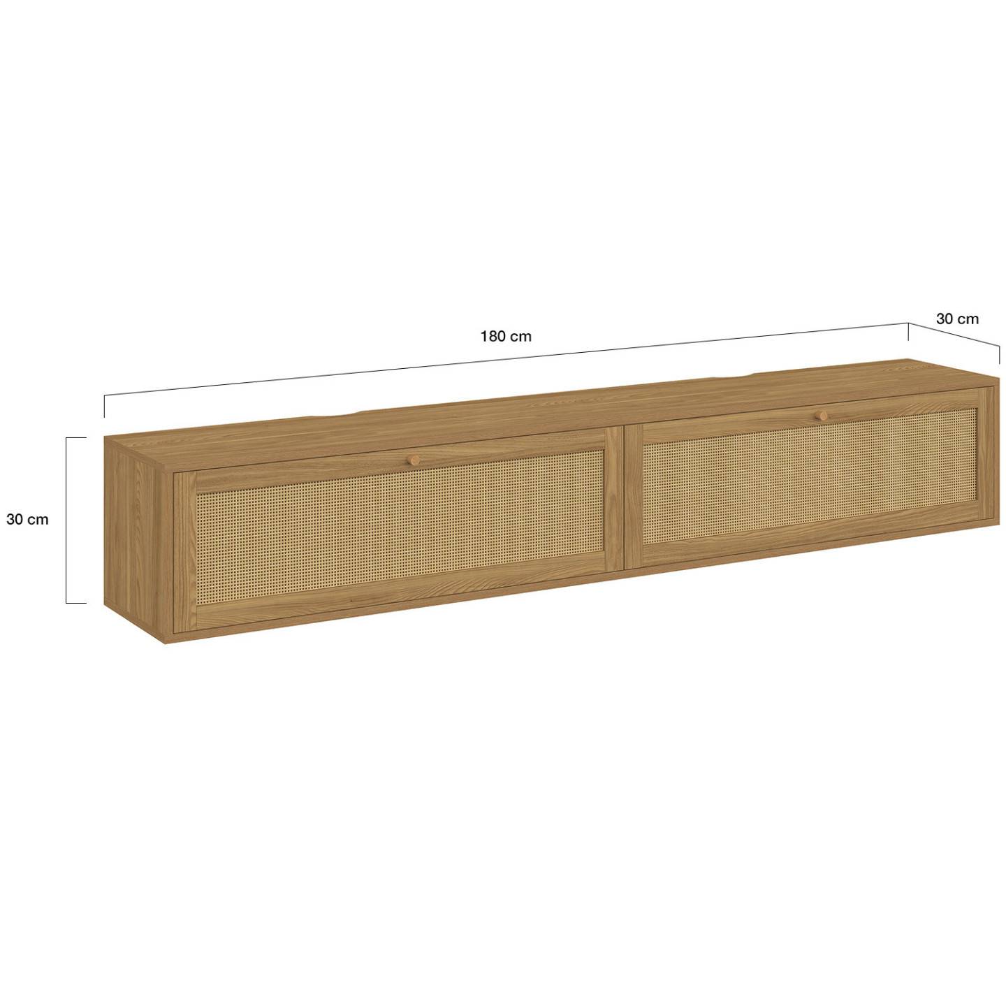 Meuble TV 180 cm suspendu HANAE 2 portes effet naturel cannage - Image 5
