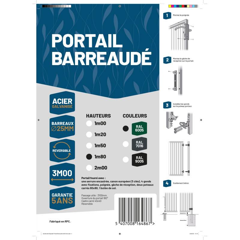 Portail barreaudé acier galvanisé passage 3m00 H 1m80 Vert - Easy Clôture - Imagen 4