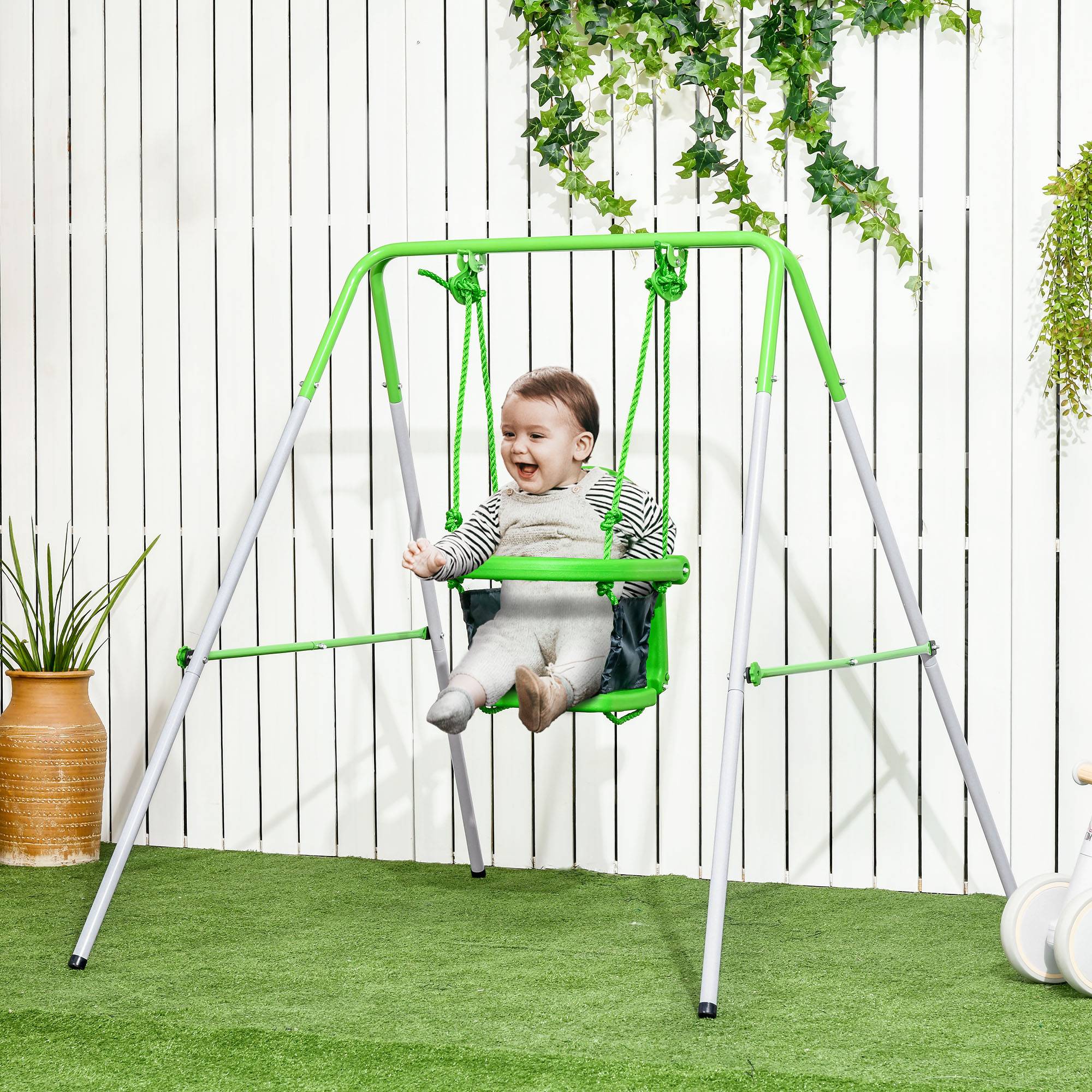 Outsunny - Portique balançoire enfant 6-36 mois - siège haut, accoudoirs, ceinture sécurité 2 points, barre protection - métal époxy blanc vert - Outsunny - Imagen 2