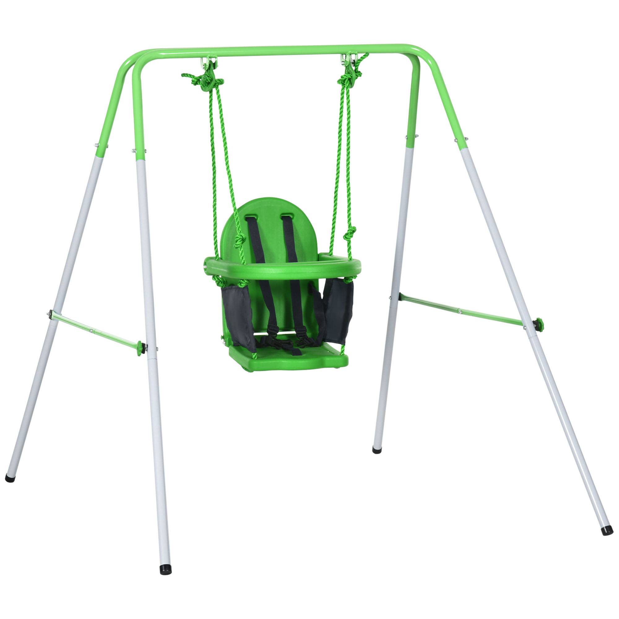 Outsunny - Portique balançoire enfant 6-36 mois - siège haut, accoudoirs, ceinture sécurité 2 points, barre protection - métal époxy blanc vert - Outsunny - Imagen 1