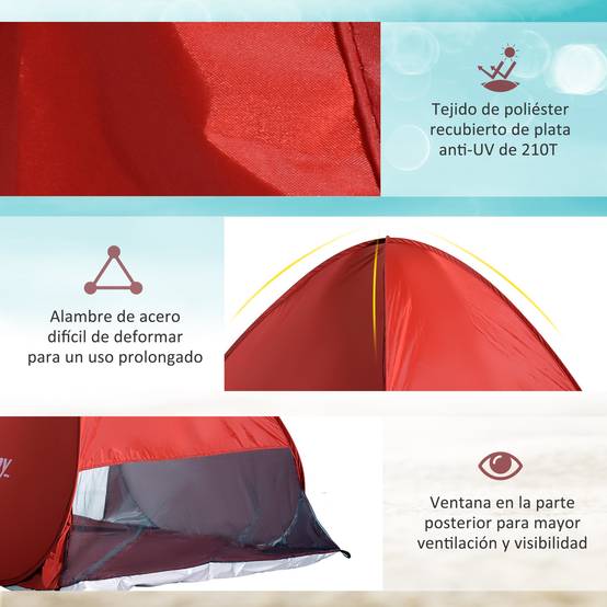 Tente de plage pliable pour 2 à 3 personnes avec fenêtres en abri et protection UV, 200 x 150 x 119 cm, rouge - Image 8