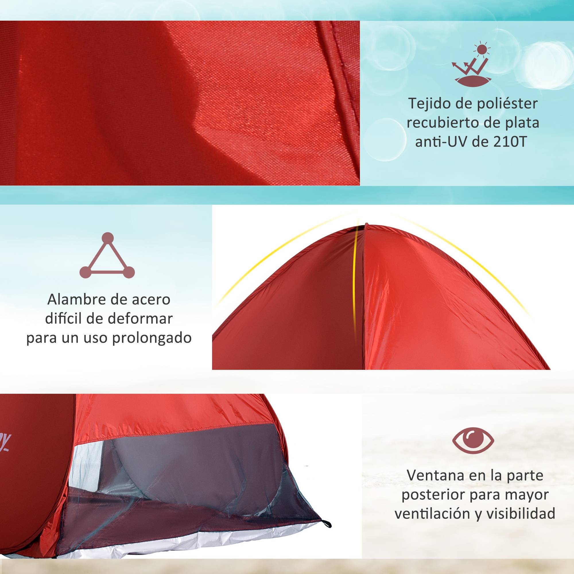 Tente de plage pliable pour 2 à 3 personnes avec fenêtres en abri et protection UV, 200 x 150 x 119 cm, rouge - Image 8