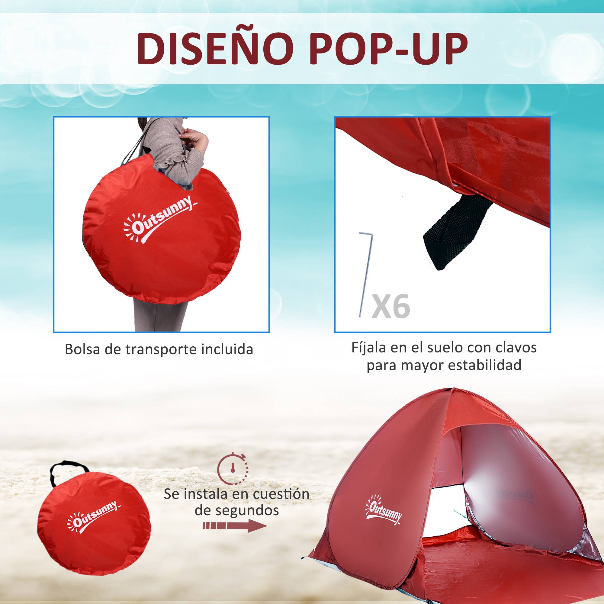 Tente de plage pliable pour 2 à 3 personnes avec fenêtres en abri et protection UV, 200 x 150 x 119 cm, rouge - Image 7