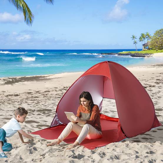 Tente de plage pliable pour 2 à 3 personnes avec fenêtres en abri et protection UV, 200 x 150 x 119 cm, rouge - Image 3