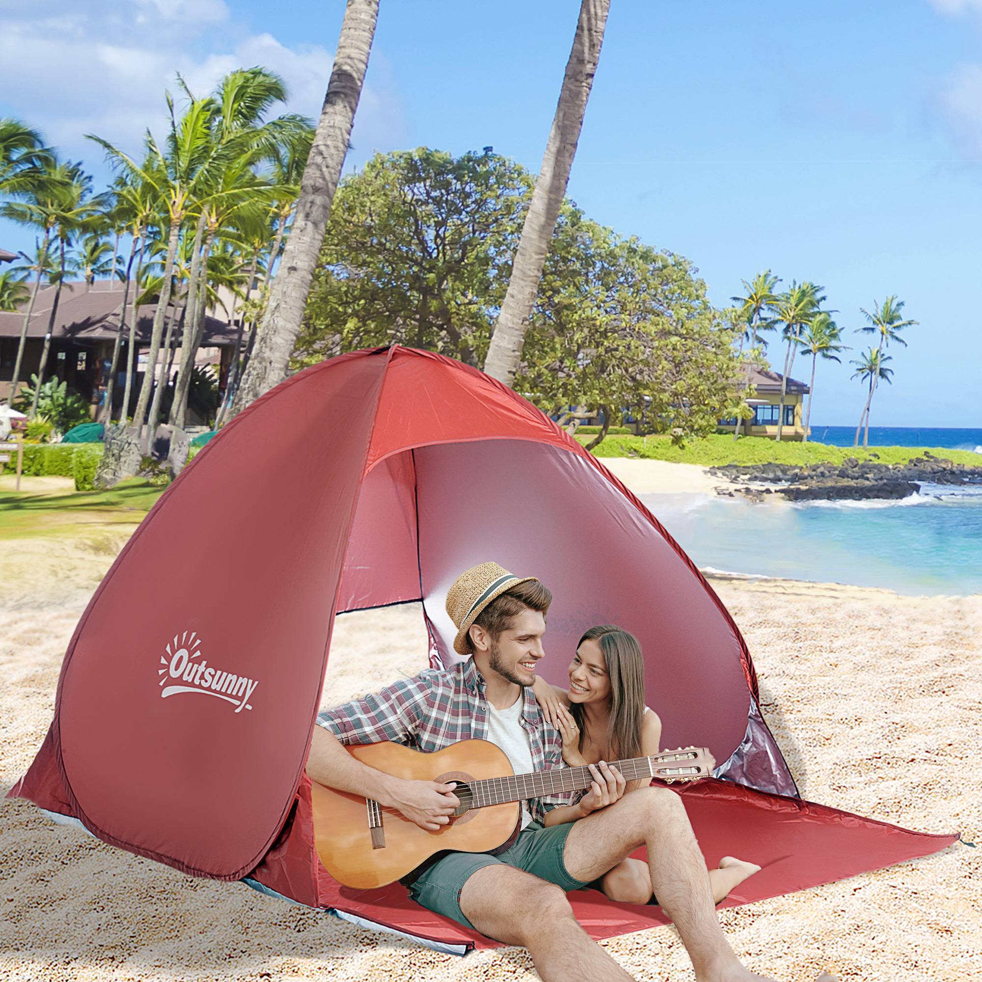 Tente de plage pliable pour 2 à 3 personnes avec fenêtres en abri et protection UV, 200 x 150 x 119 cm, rouge - Image 4