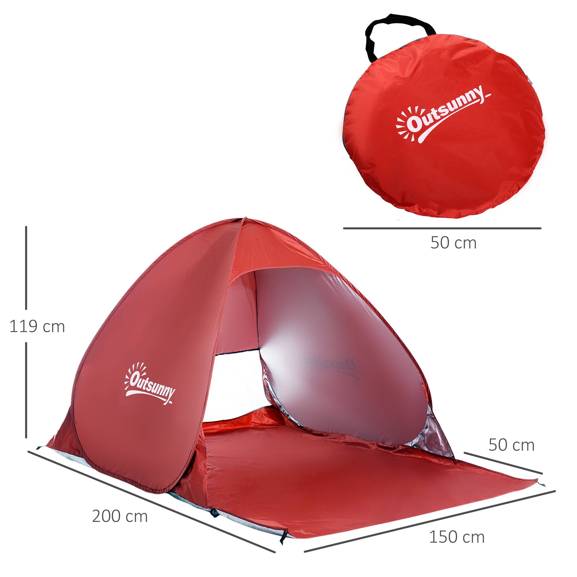 Tente de plage pliable pour 2 à 3 personnes avec fenêtres en abri et protection UV, 200 x 150 x 119 cm, rouge - Image 5
