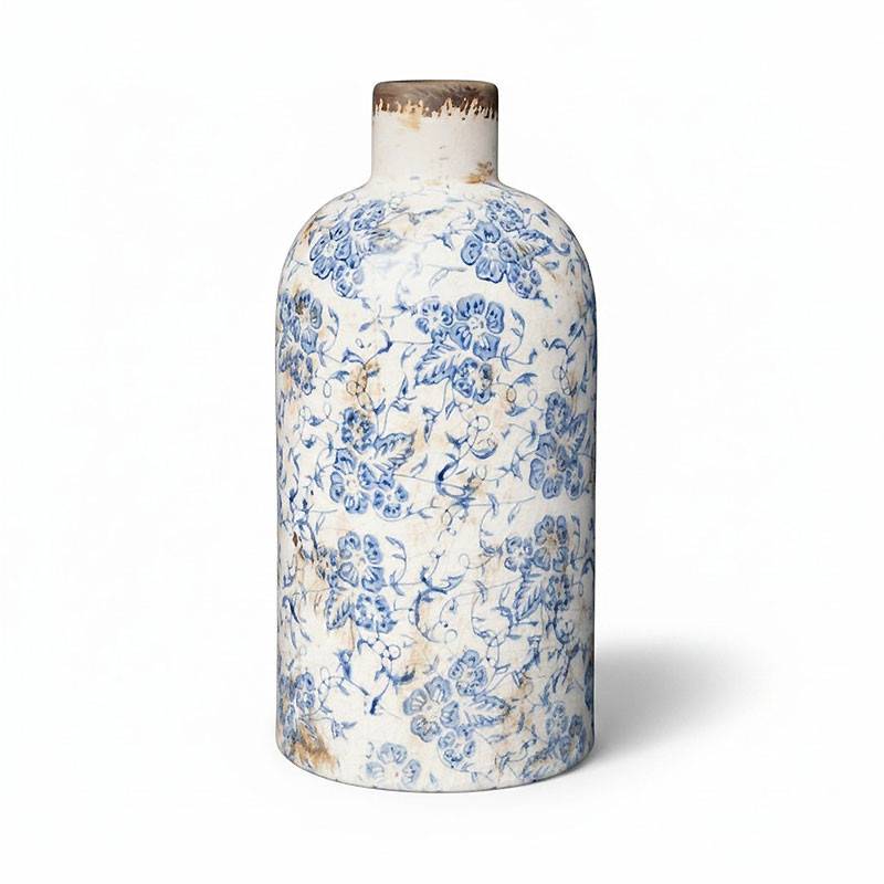 Vase Bouteille Bucolique Fleuri bleu blanc Grès 22x11cm - Image 2