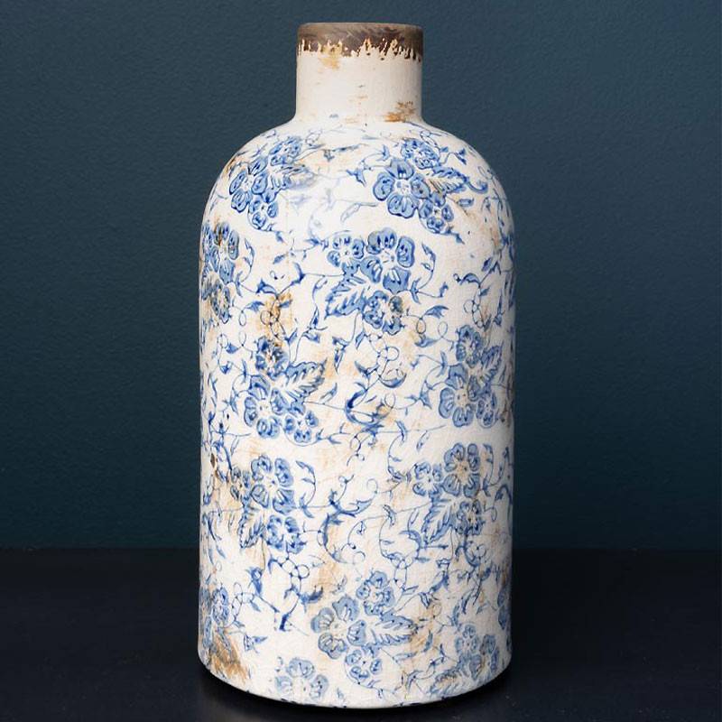 Vase Bouteille Bucolique Fleuri bleu blanc Grès 22x11cm - Image 1