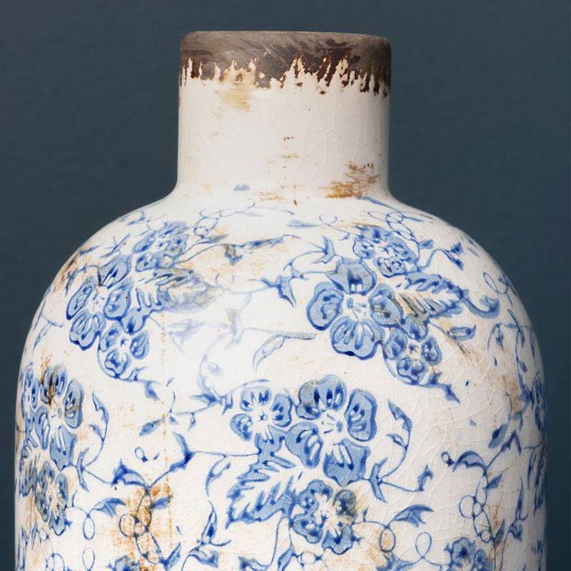 Vase Bouteille Bucolique Fleuri bleu blanc Grès 22x11cm - Image 3