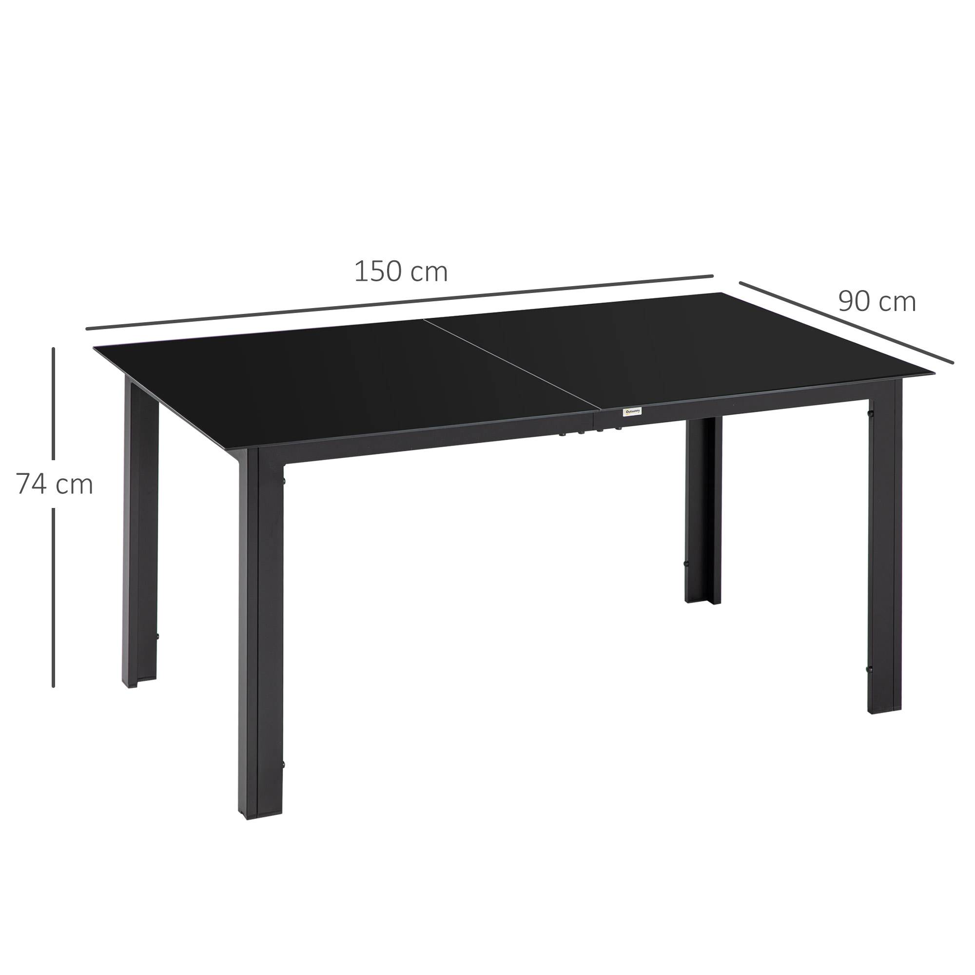 Table de jardin pour 6 personnes, résistante aux intempéries, plateau en verre trempé, table de terrasse, 150 cm x 90 cm x 74 cm, noire - Image 5