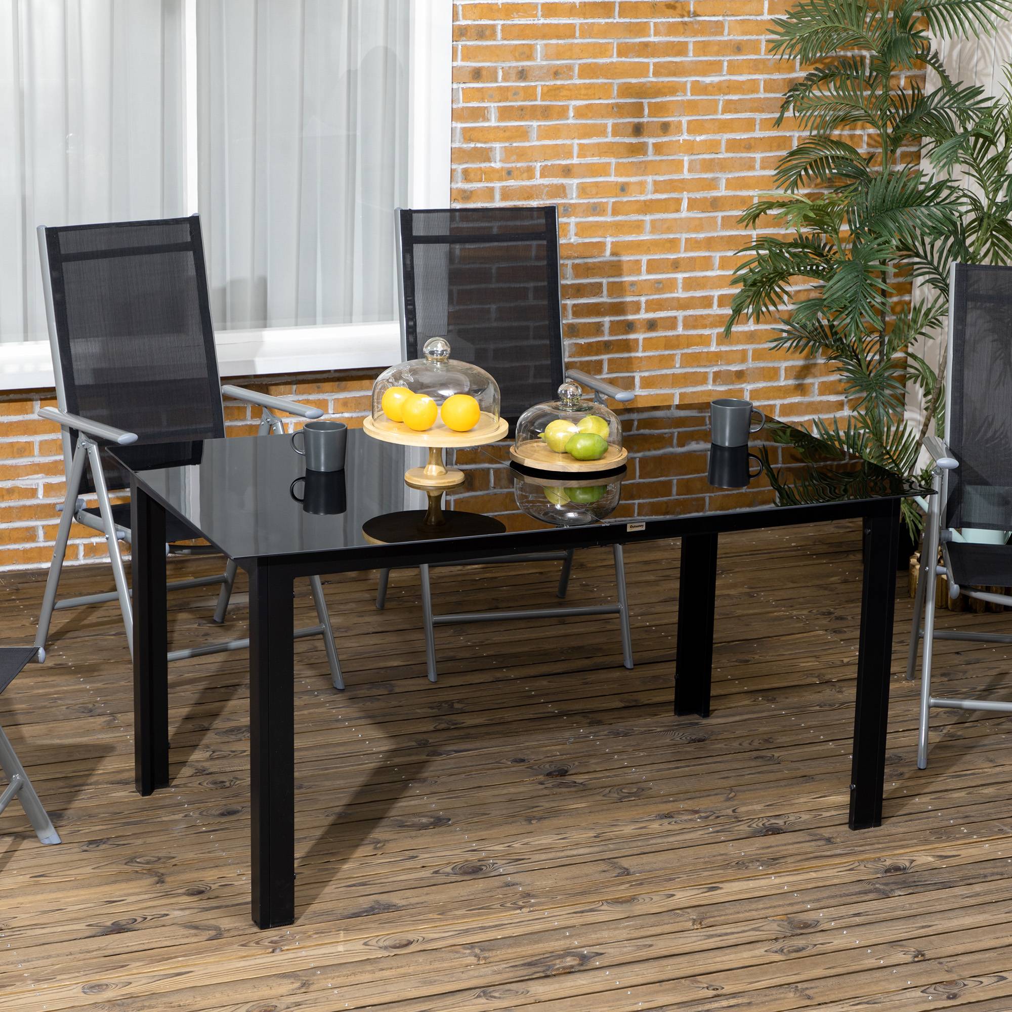 Table de jardin pour 6 personnes, résistante aux intempéries, plateau en verre trempé, table de terrasse, 150 cm x 90 cm x 74 cm, noire - Image 3