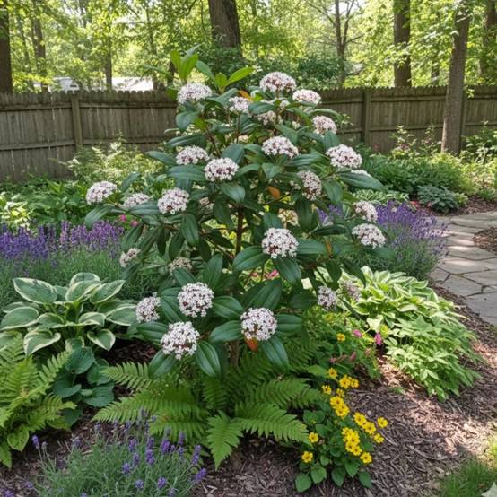 Viorne de Prague, Viburnum à fleurs Blanche - feuillage Persistant - Pot de 1,5L - 20/50 cm- hauteur à maturité De 2,50 m à 3,00 m - Image 4