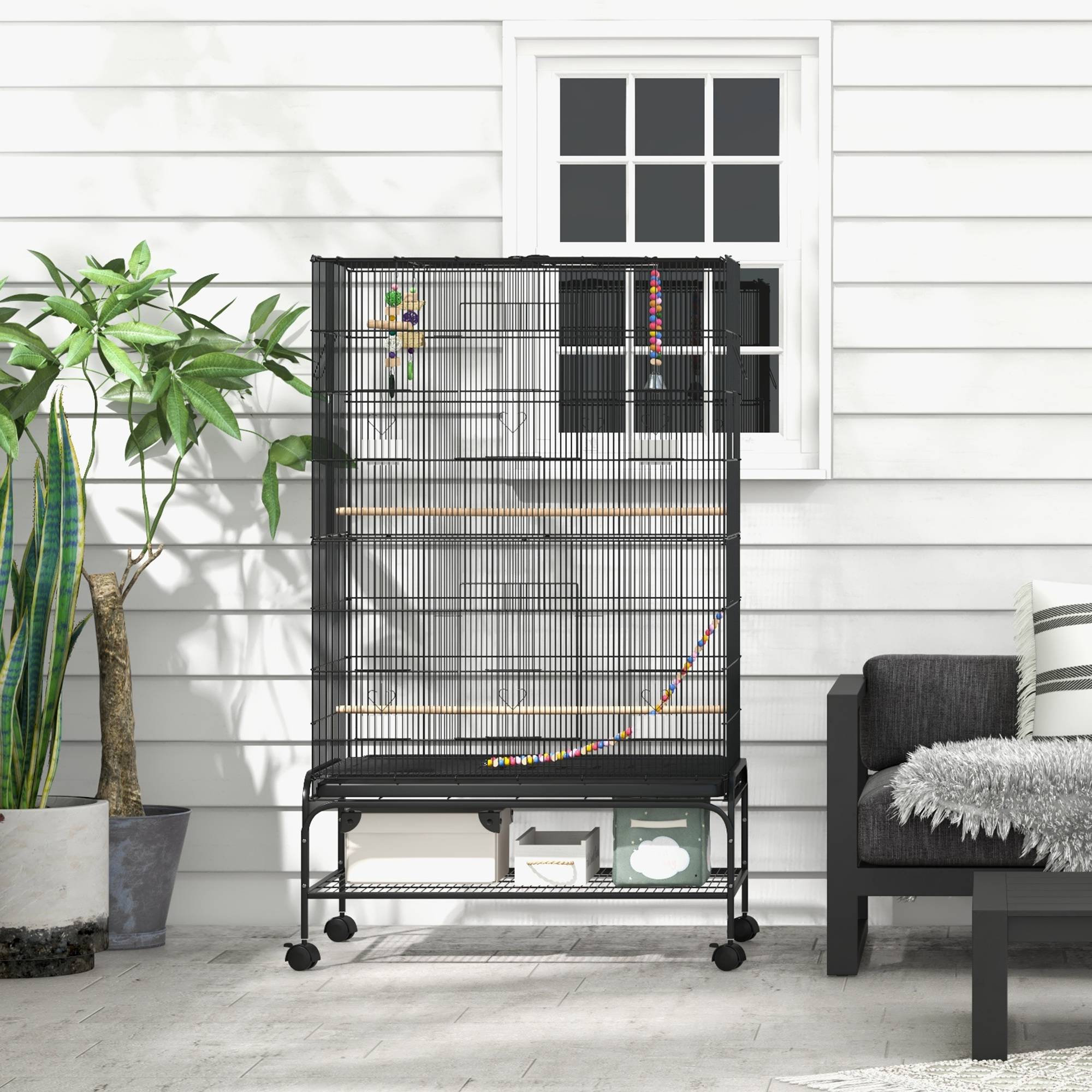 ComfortXL - Cage à oiseaux acier noir 97 x 58 x 160 cm pour canaris et pinsons toit ouvrant roulettes et plateau amovible - Image 9