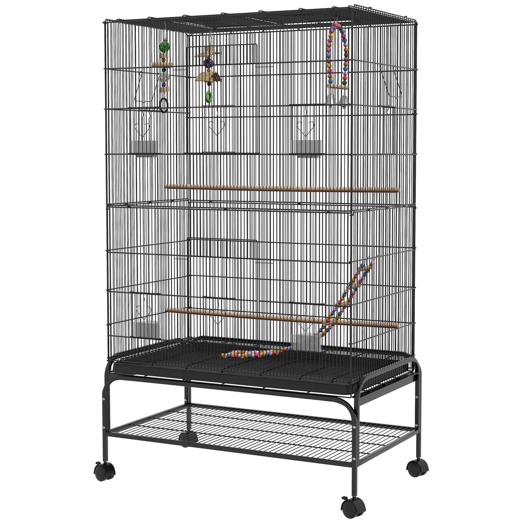 ComfortXL - Cage à oiseaux acier noir 97 x 58 x 160 cm pour canaris et pinsons toit ouvrant roulettes et plateau amovible - Image 2