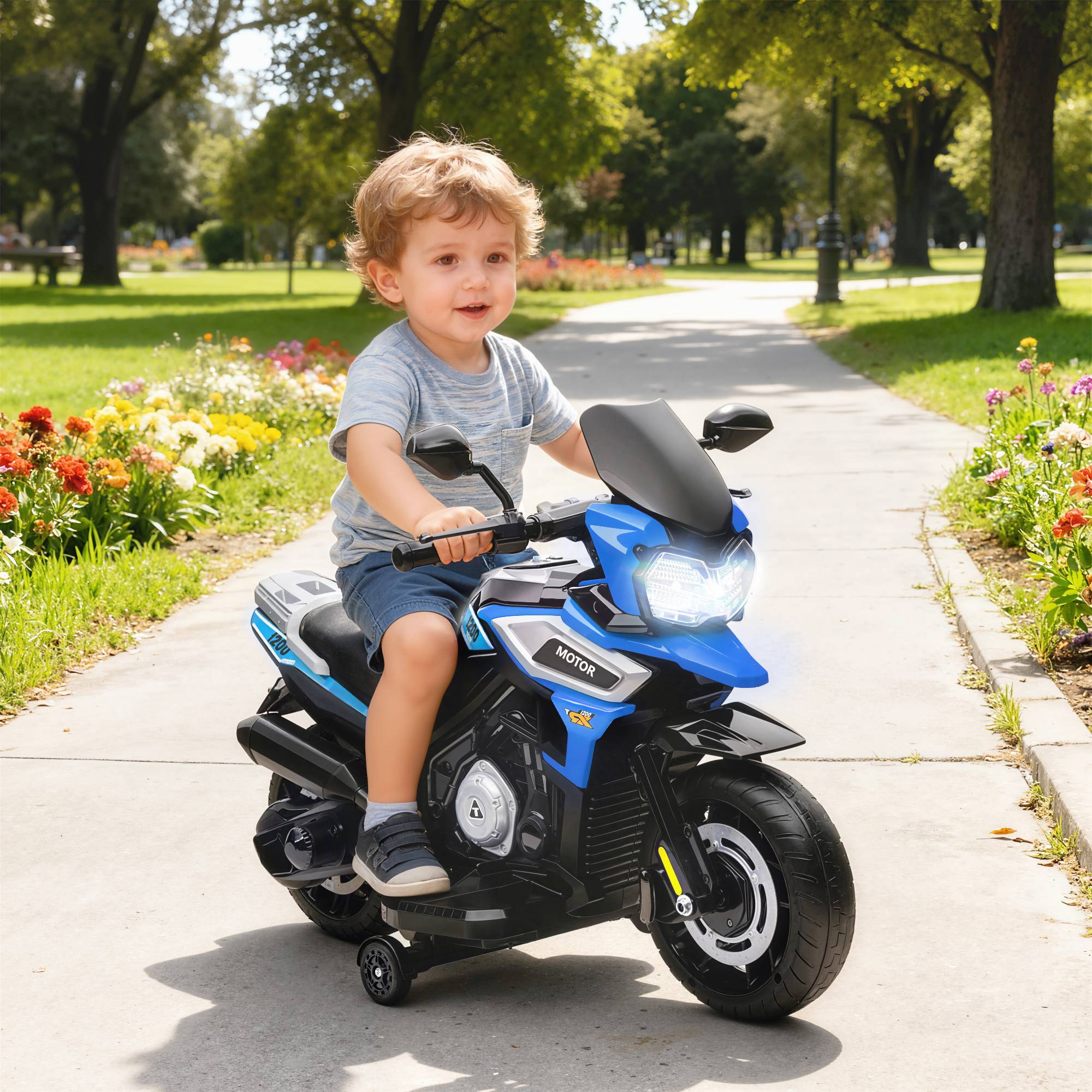 Moto électrique pour enfants, roulettes, rétroviseurs et repose-pieds ...