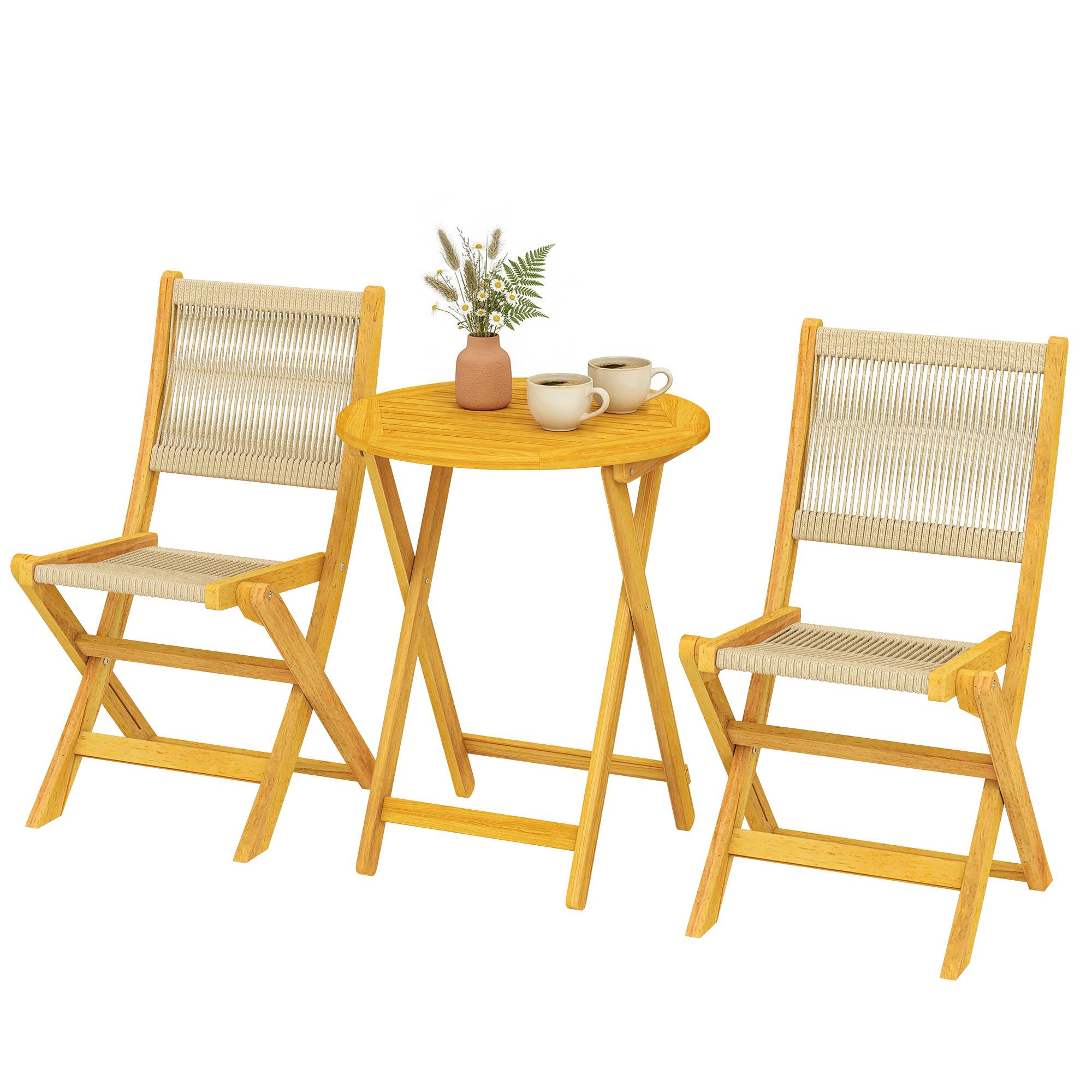 Maison Chic - Salon de Jardin Ensemble Bistro 3 Pièces Table Ronde et 2 Chaises Pliables Design Boho Bois d'Acacia Cordage PP Naturel