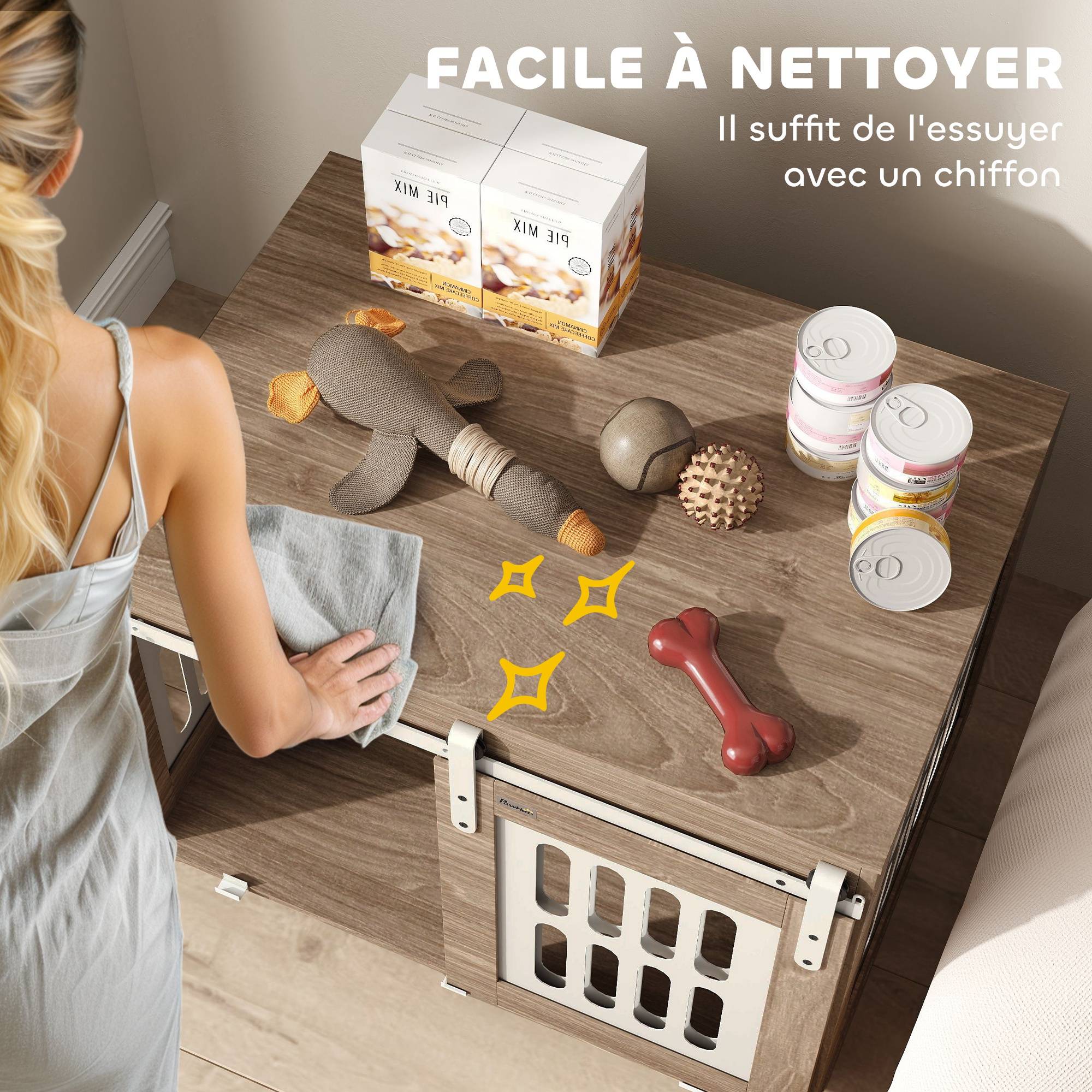 Meuble cage chien bois et acier taille moyenne porte coulissante 80x59x63cm noyer - ComfortXL Outdoor Living - Image 9