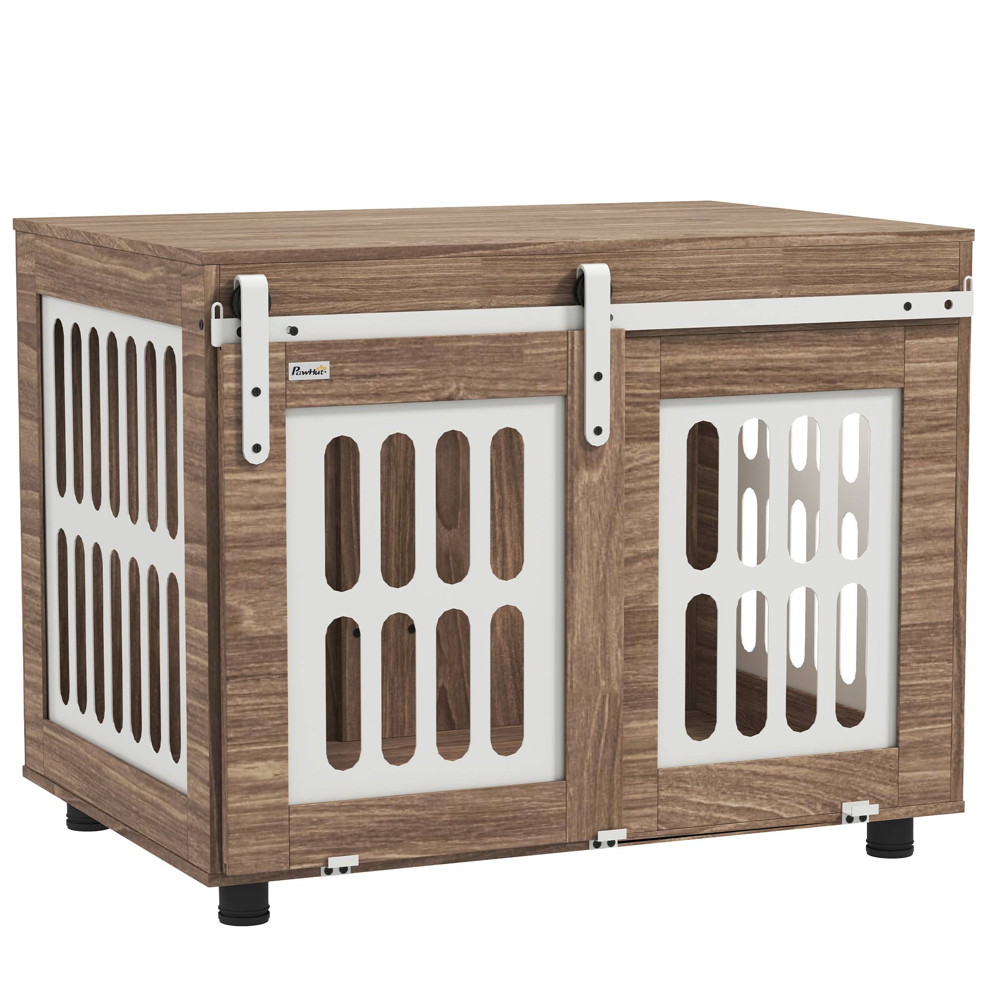 Meuble cage chien bois et acier taille moyenne porte coulissante 80x59x63cm noyer - ComfortXL Outdoor Living - Image 1
