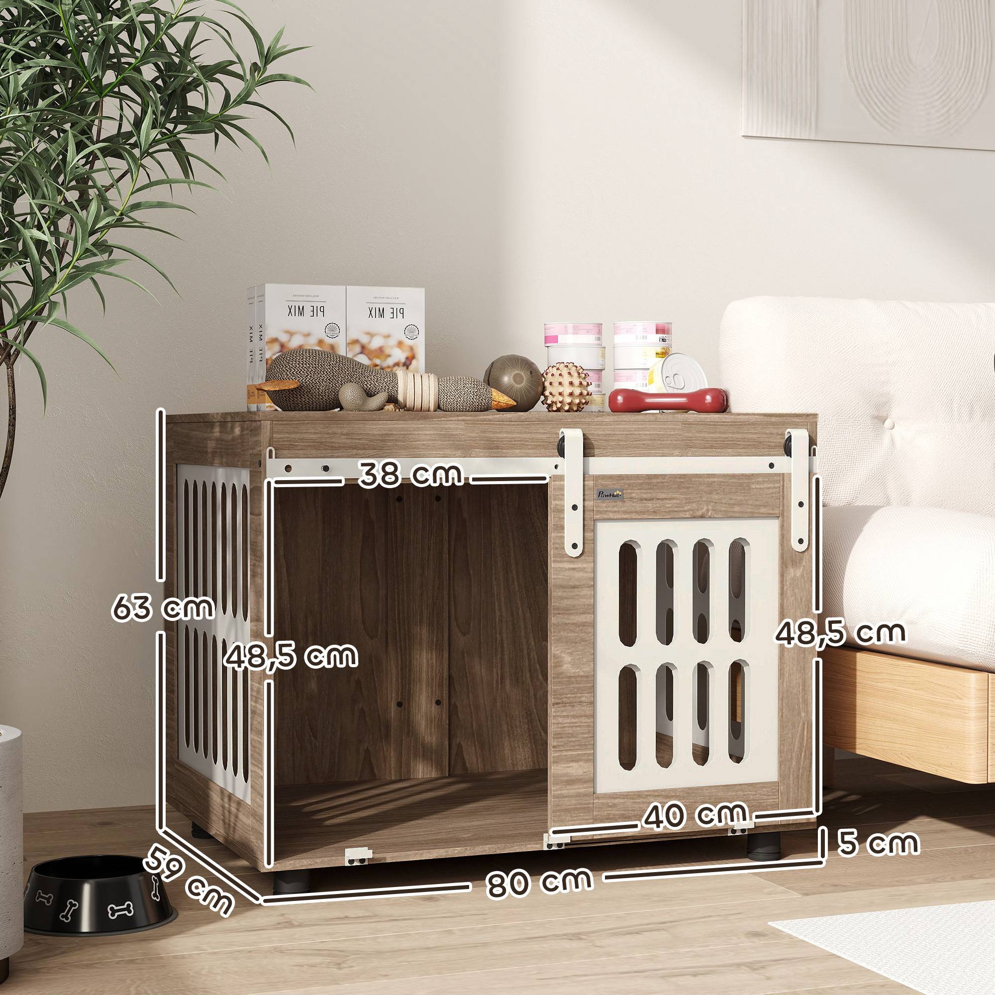 Meuble cage chien bois et acier taille moyenne porte coulissante 80x59x63cm noyer - ComfortXL Outdoor Living - Image 5