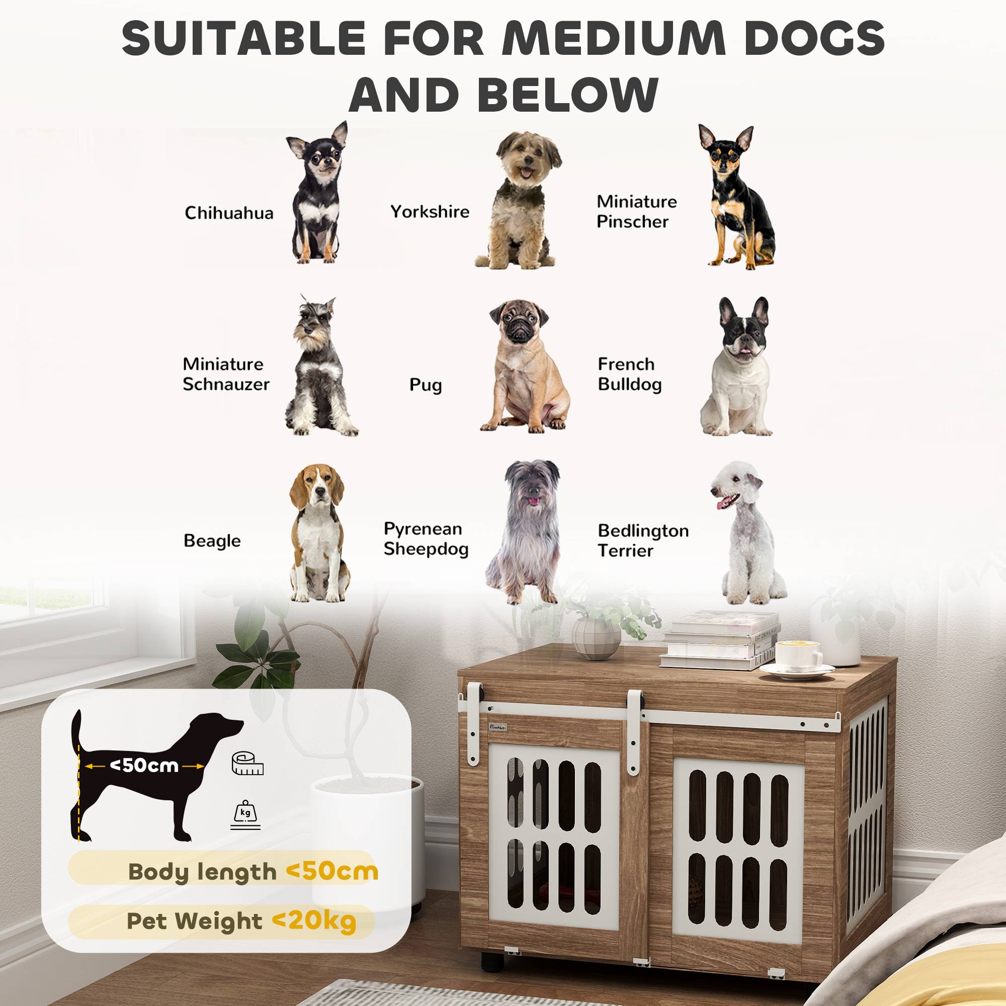 Meuble cage chien bois et acier taille moyenne porte coulissante 80x59x63cm noyer - ComfortXL Outdoor Living - Image 10