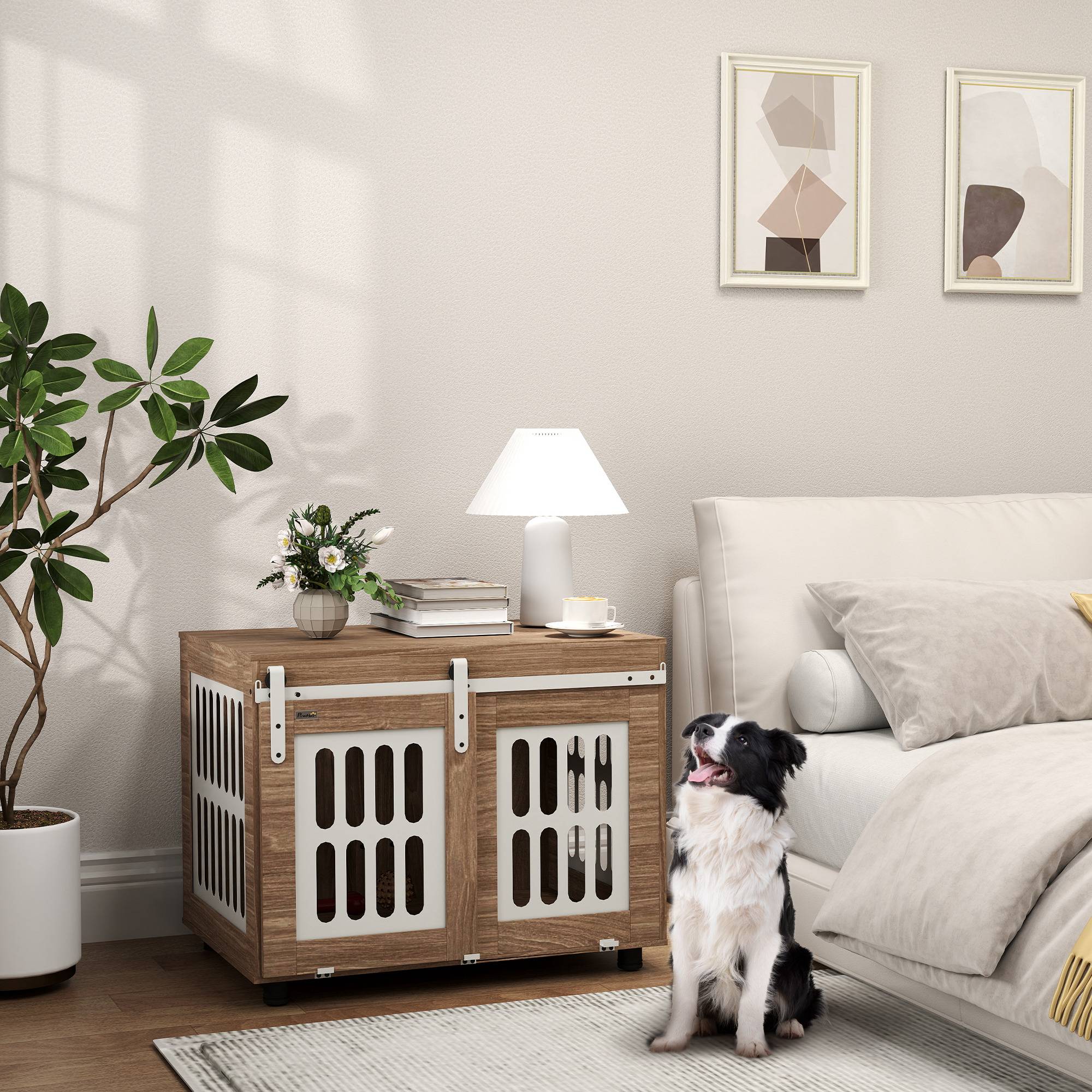 Meuble cage chien bois et acier taille moyenne porte coulissante 80x59x63cm noyer - ComfortXL Outdoor Living - Image 4