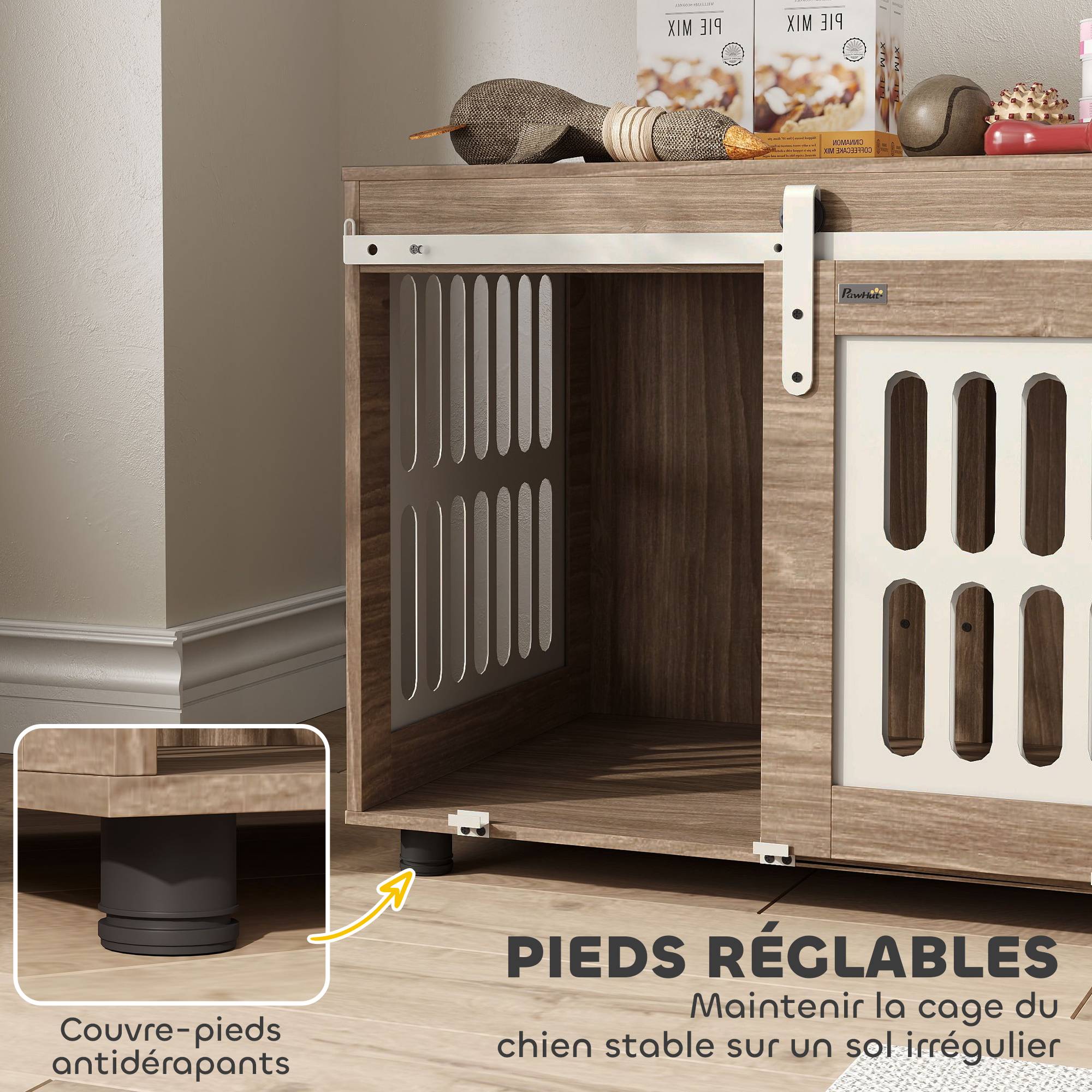 Meuble cage chien bois et acier taille moyenne porte coulissante 80x59x63cm noyer - ComfortXL Outdoor Living - Image 8