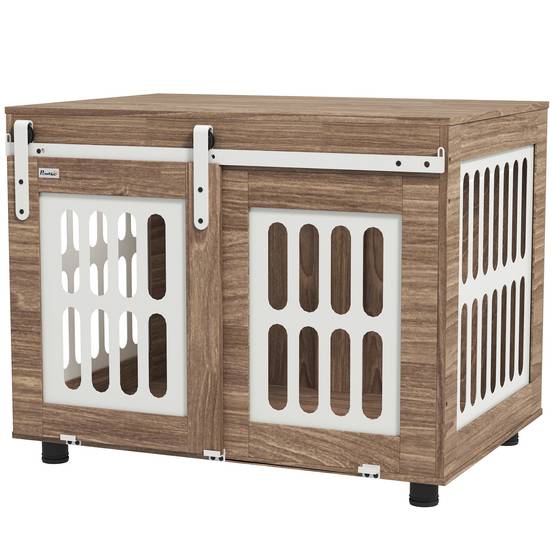 Meuble cage chien bois et acier taille moyenne porte coulissante 80x59x63cm noyer - ComfortXL Outdoor Living - Image 2