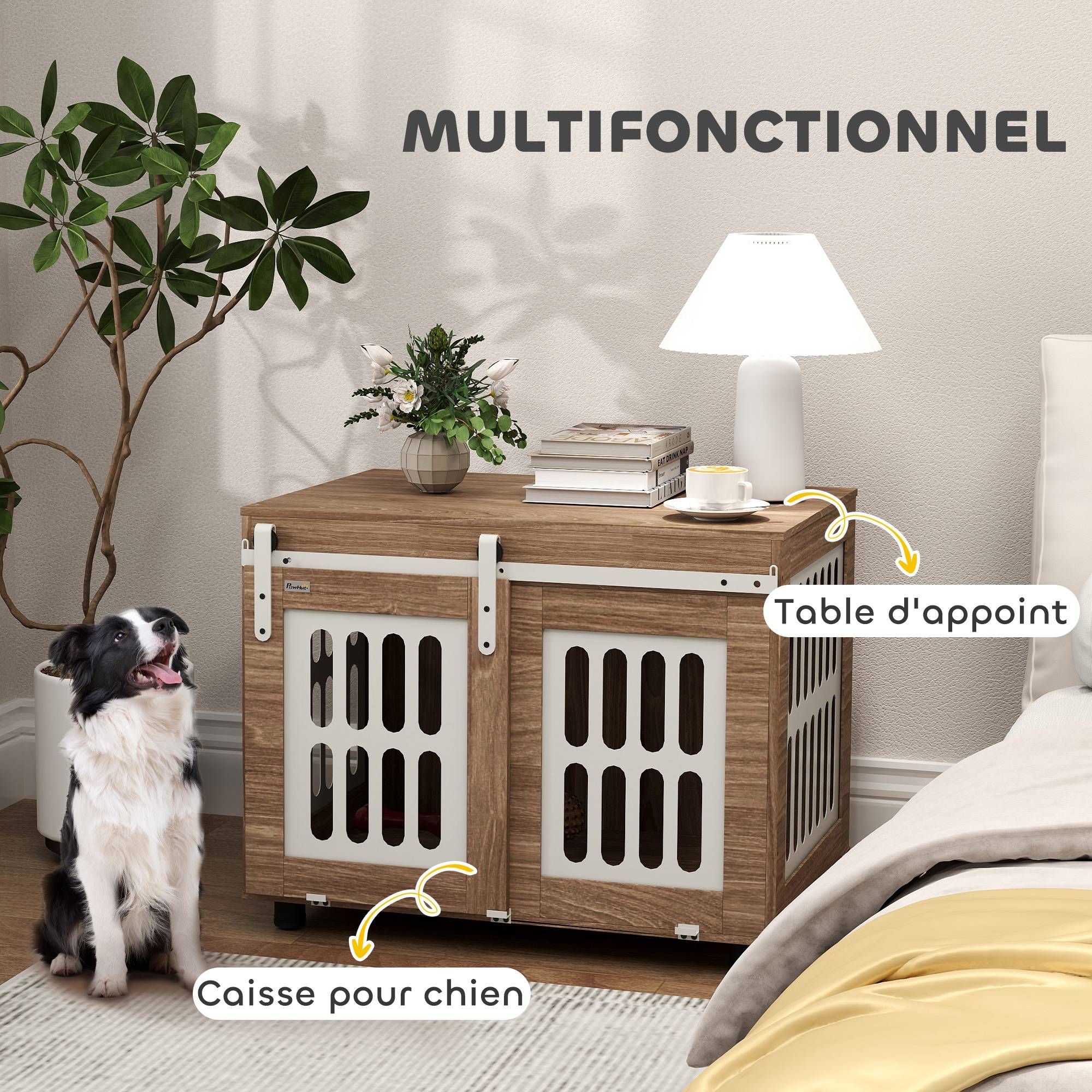 Meuble cage chien bois et acier taille moyenne porte coulissante 80x59x63cm noyer - ComfortXL Outdoor Living - Image 6