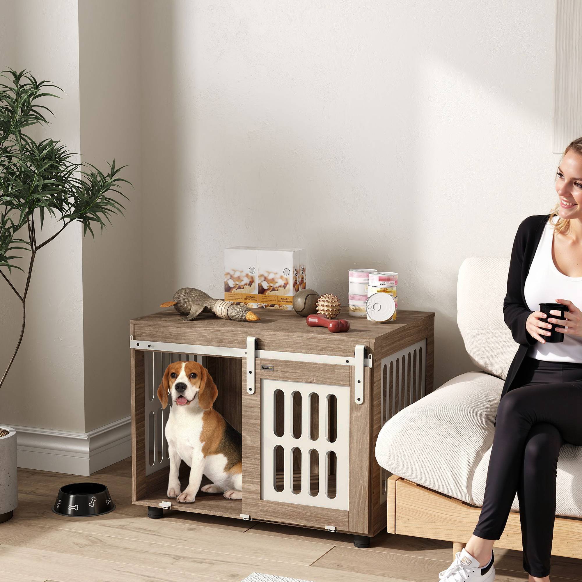Meuble cage chien bois et acier taille moyenne porte coulissante 80x59x63cm noyer - ComfortXL Outdoor Living - Image 3