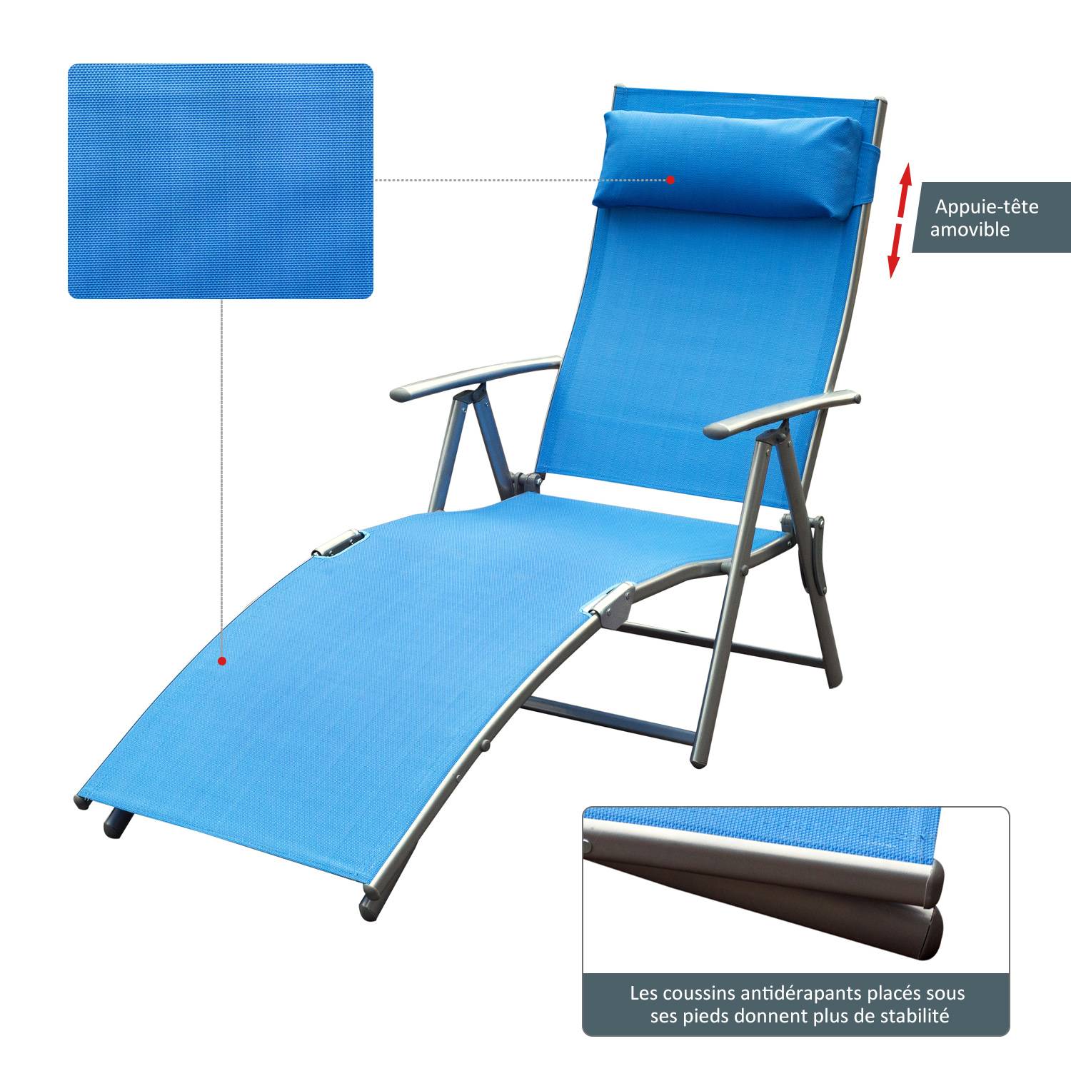 Outsunny - Bain de soleil pliable dossier inclinable multi-positions têtière fournie métal époxy textilène bleu - Outsunny - Imagen 6