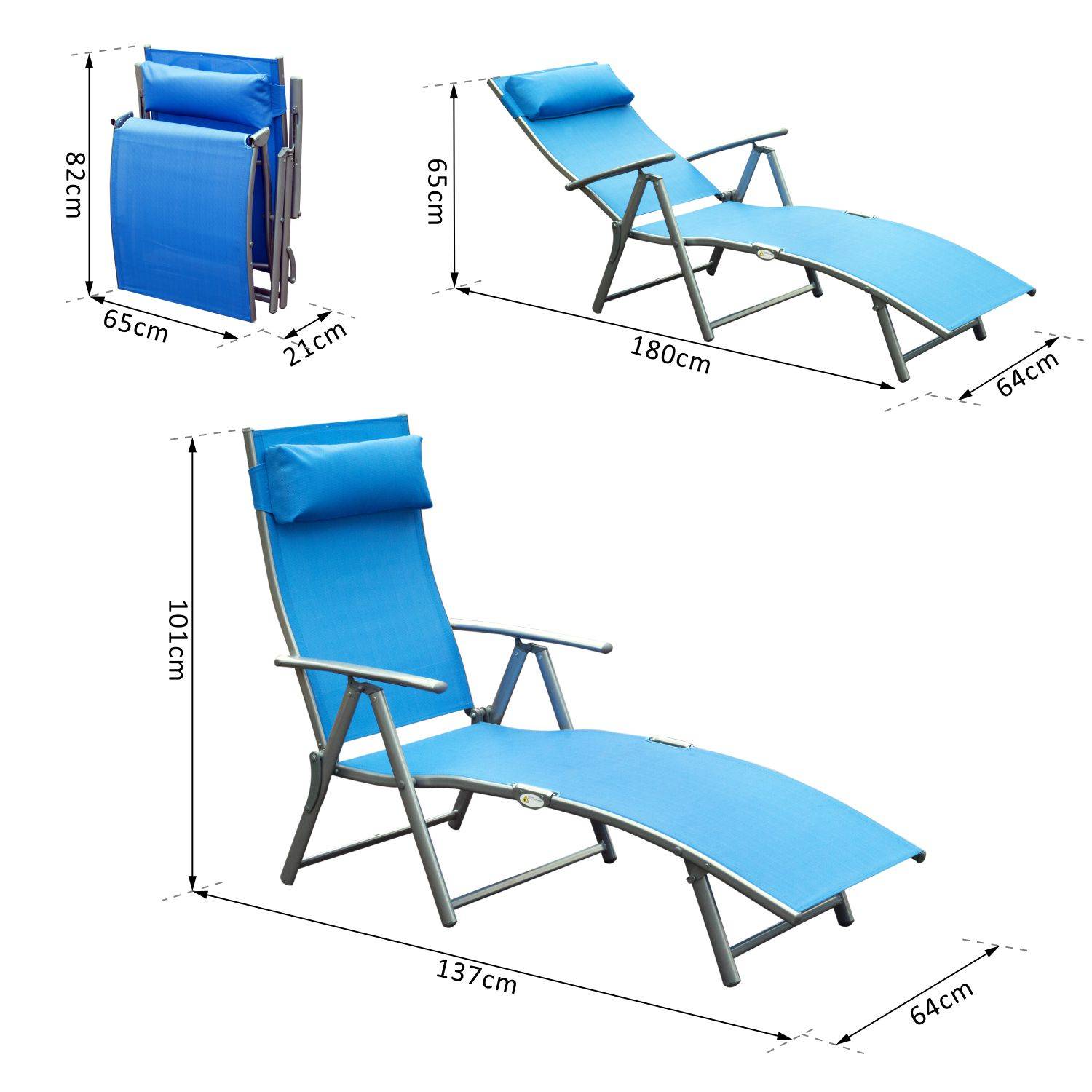 Outsunny - Bain de soleil pliable dossier inclinable multi-positions têtière fournie métal époxy textilène bleu - Outsunny - Imagen 3