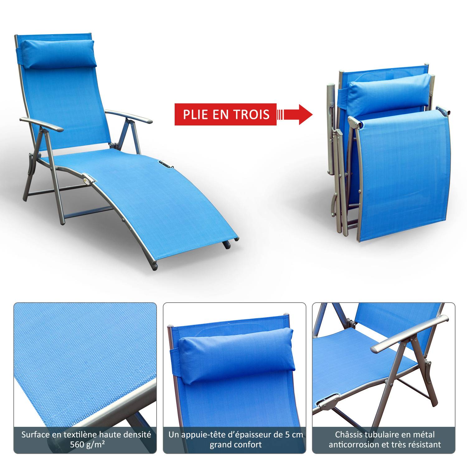 Outsunny - Bain de soleil pliable dossier inclinable multi-positions têtière fournie métal époxy textilène bleu - Outsunny - Imagen 4