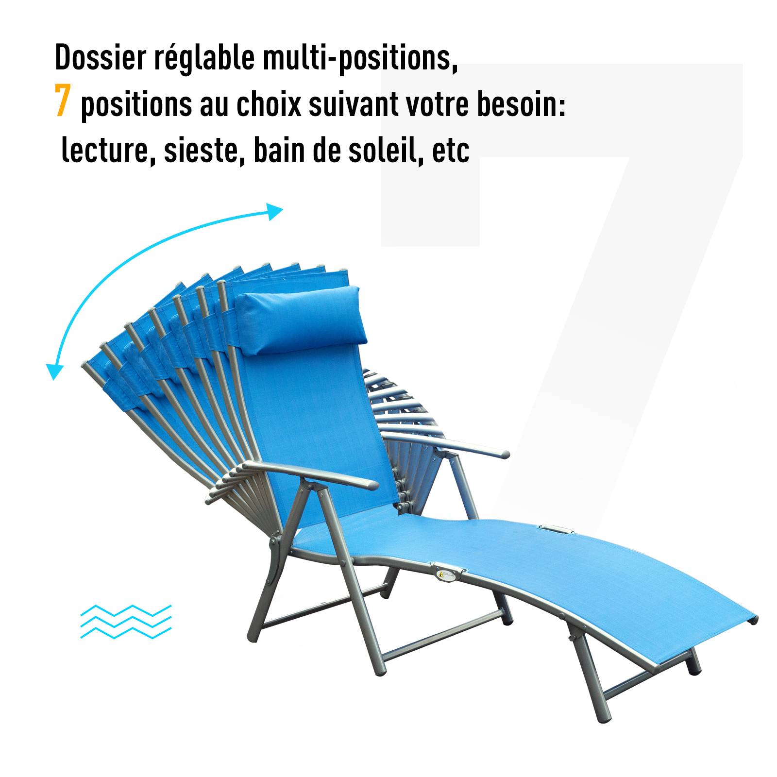 Outsunny - Bain de soleil pliable dossier inclinable multi-positions têtière fournie métal époxy textilène bleu - Outsunny - Imagen 5