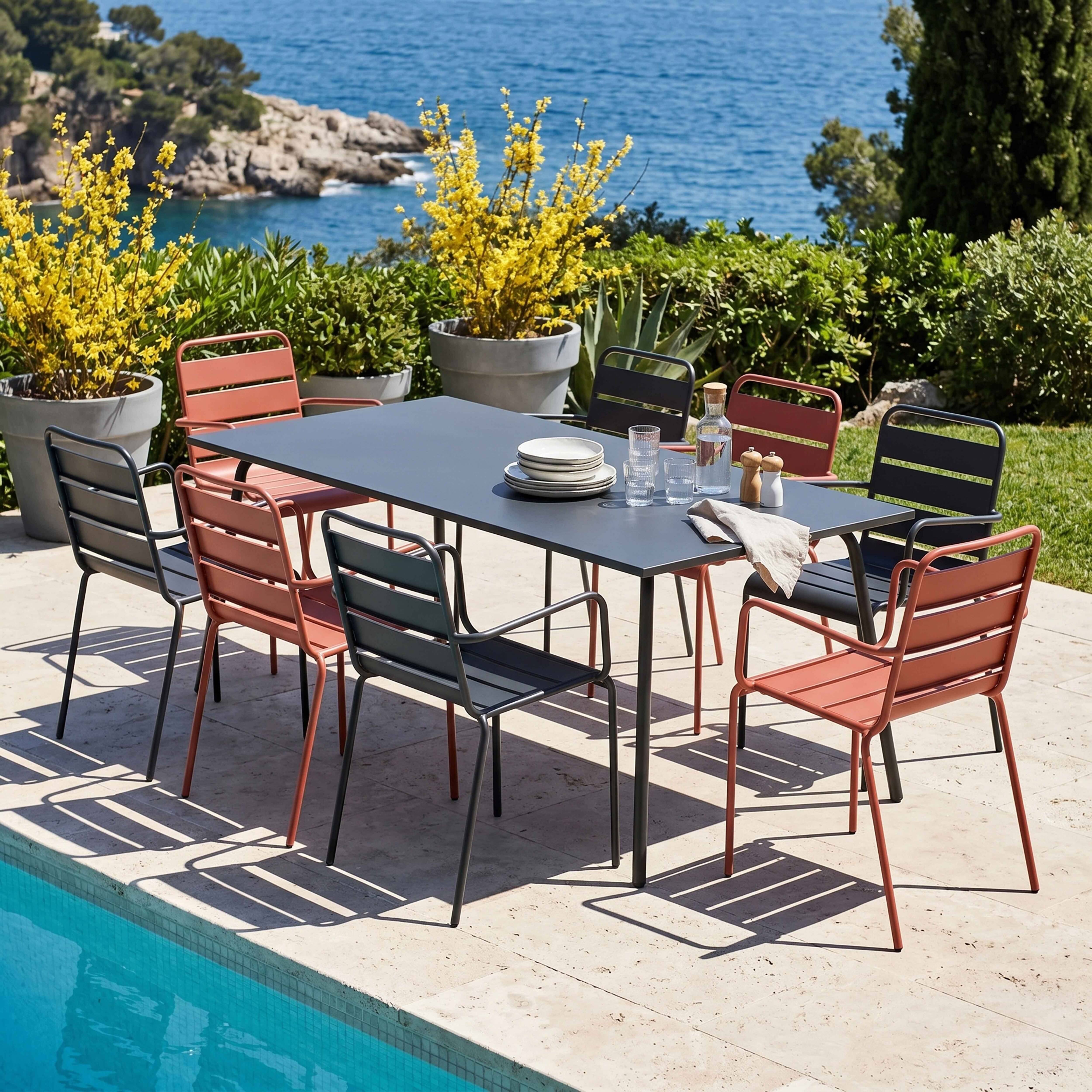 Oviala - Ensemble table de jardin et 8 fauteuils en métal argile et gris Palavas - Oviala - Imagen 2