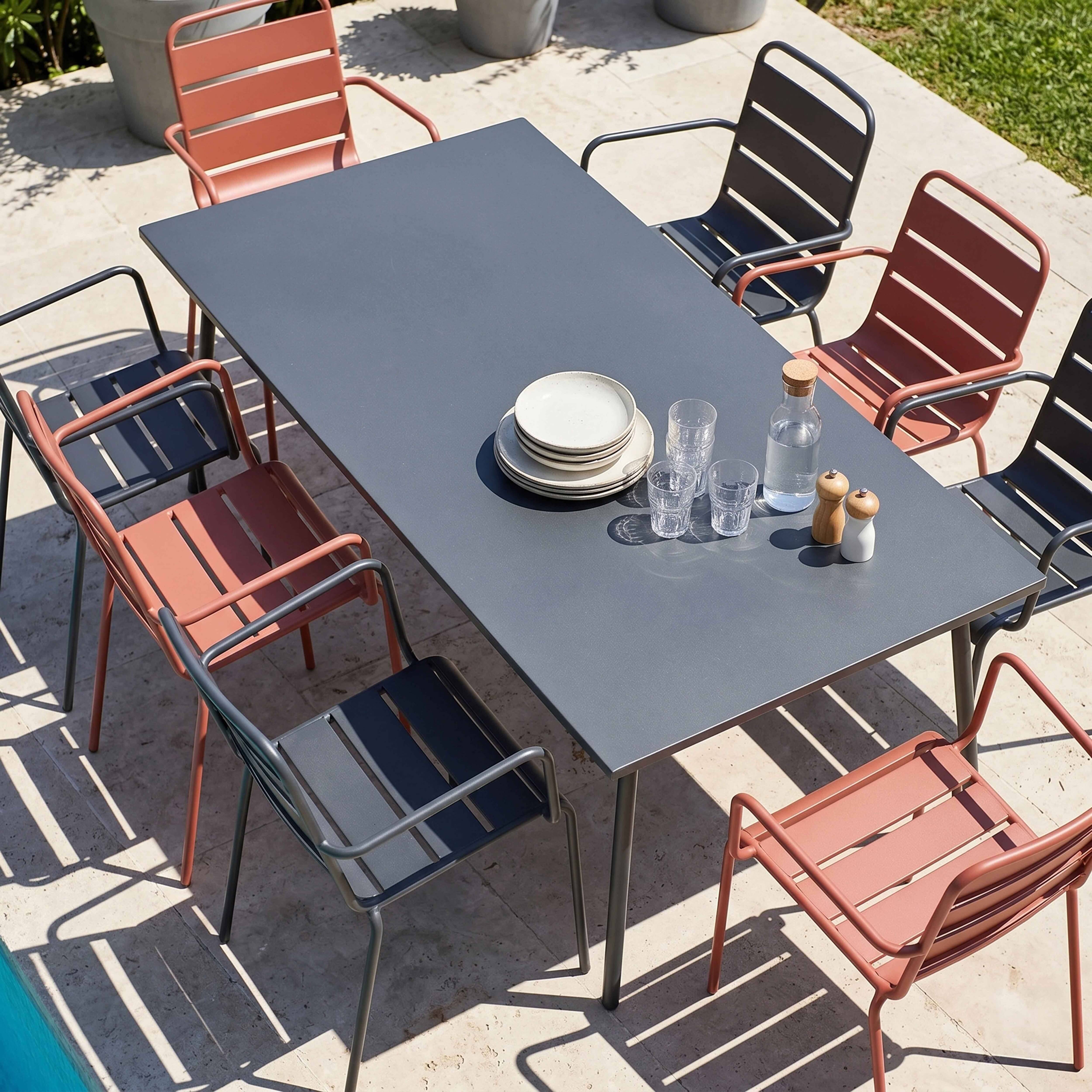 Oviala - Ensemble table de jardin et 8 fauteuils en métal argile et gris Palavas - Oviala - Imagen 3