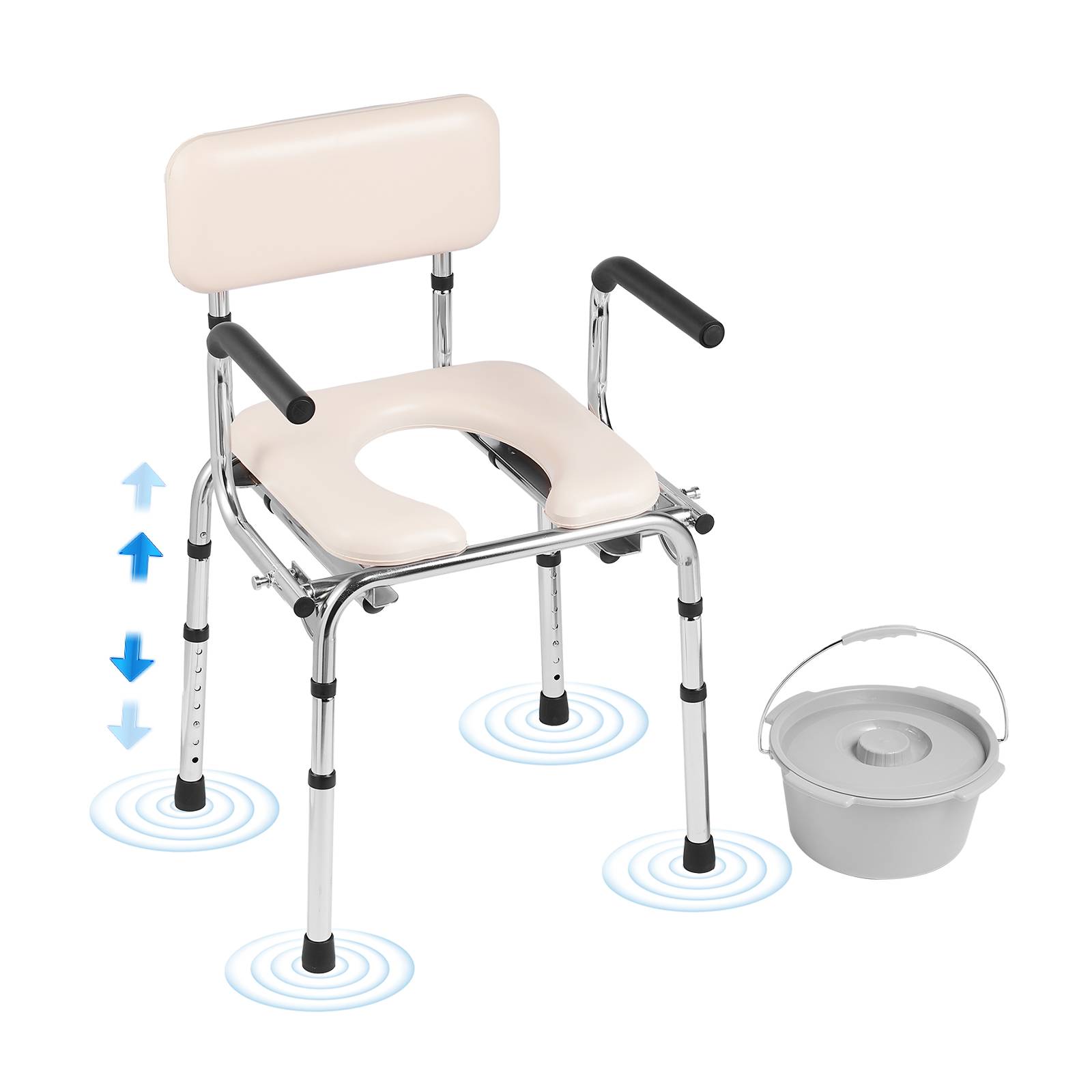VEVOR Chaise percée rembourrée, accoudoirs rabattables, H régl.7 niveaux, seau 5,8L ch.158,8kg.
