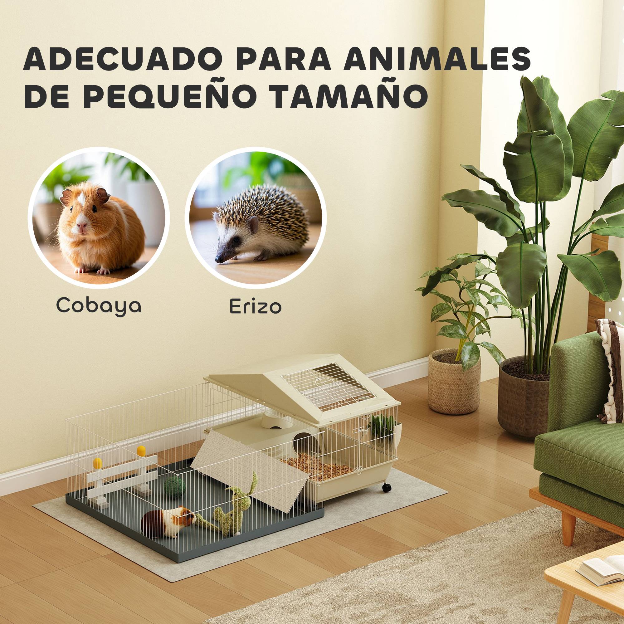 Cage pour petits animaux avec parc amovible, abreuvoir et distributeur de foin 108 x 71 x 57 cm Beige - Image 9